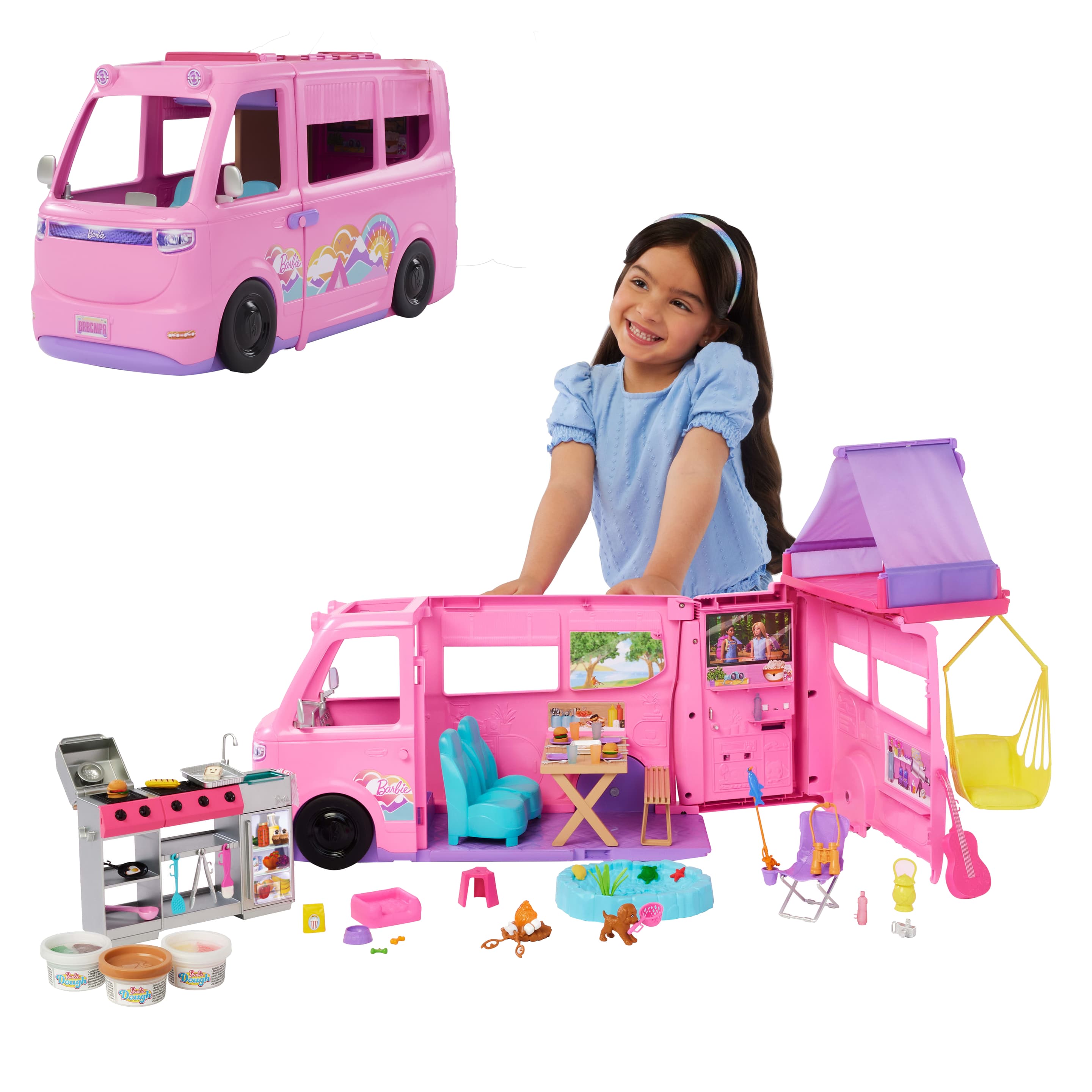 Barbie Super Abenteuer-Camper Spielset mit Dachzelt, Grill mit Farbwechseleffekt und über 60 Zubehörteilen