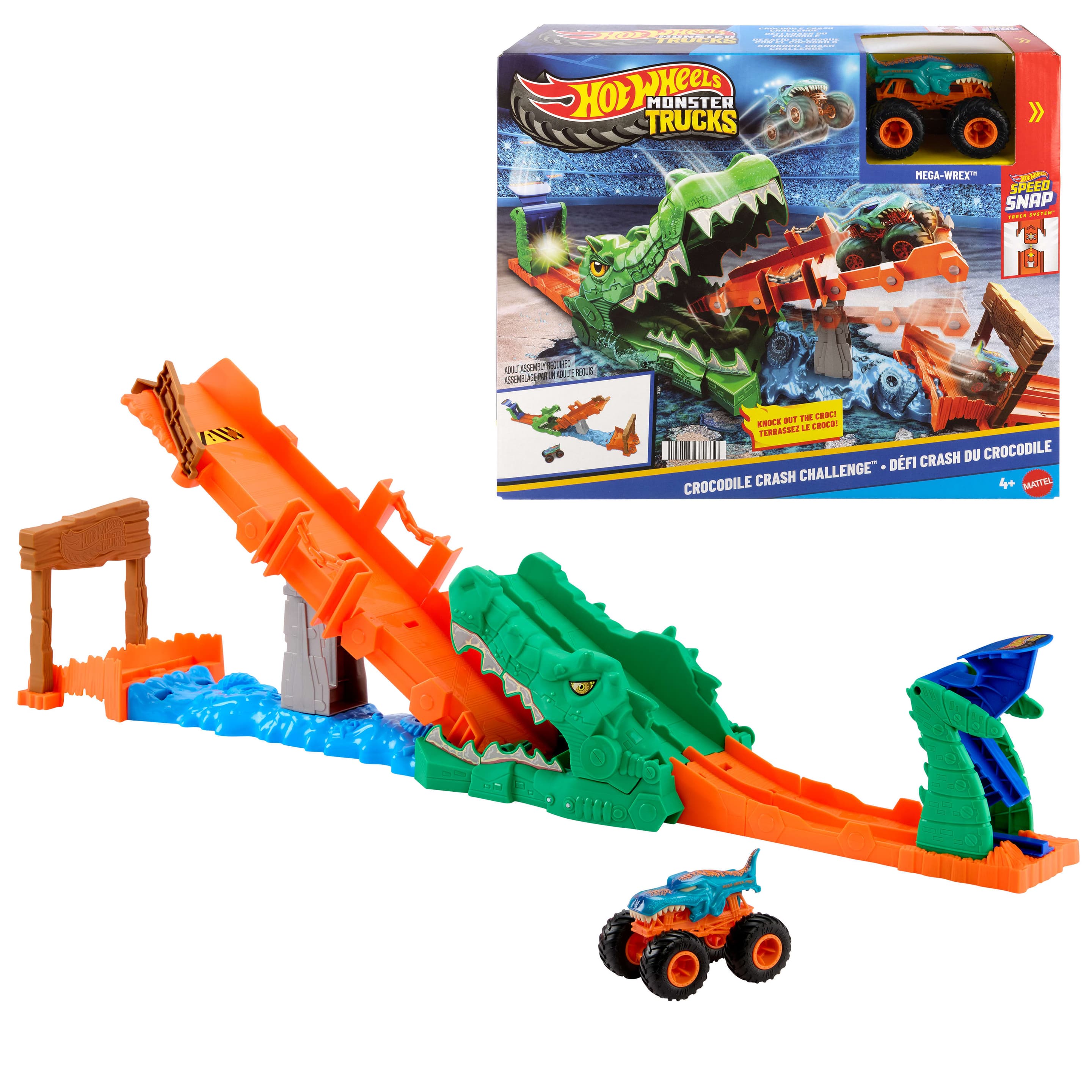 Hot Wheels Monster Trucks Crocodile Crash Challenge Spielset und Mega-Wrex-Spielfahrzeug im Maßstab 1:64