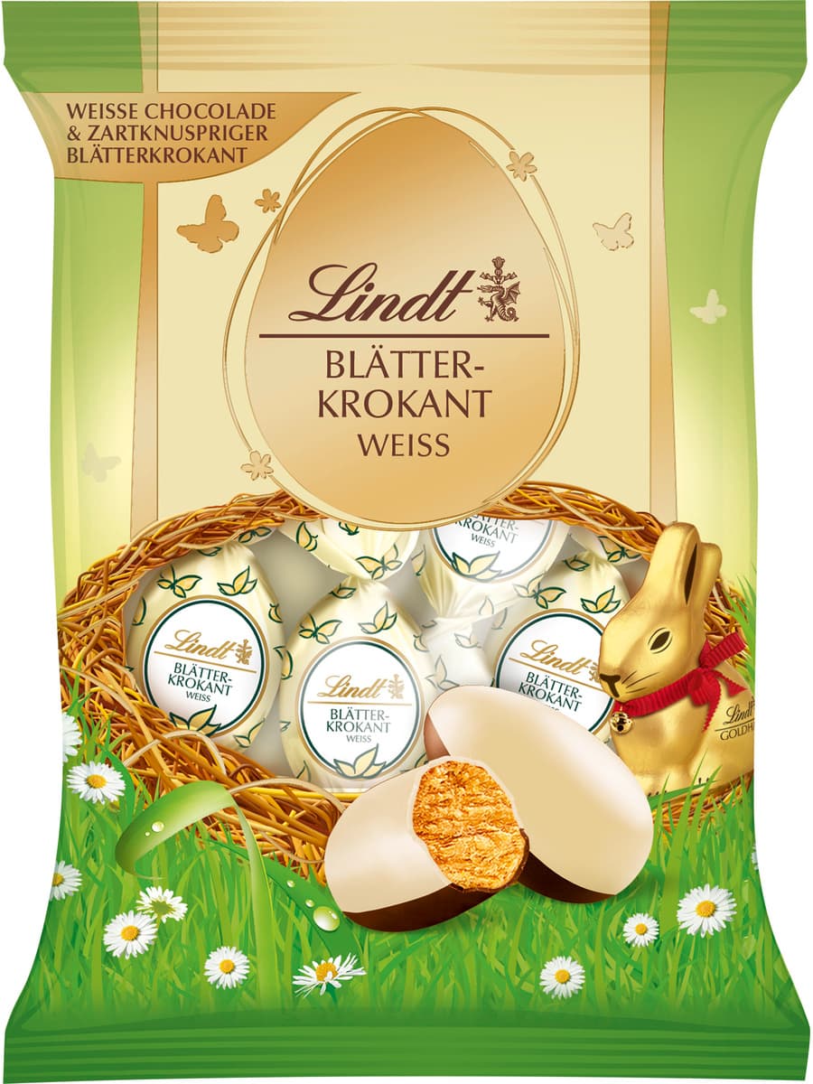 Lindt Blätterkrokant-Eier Weiß 