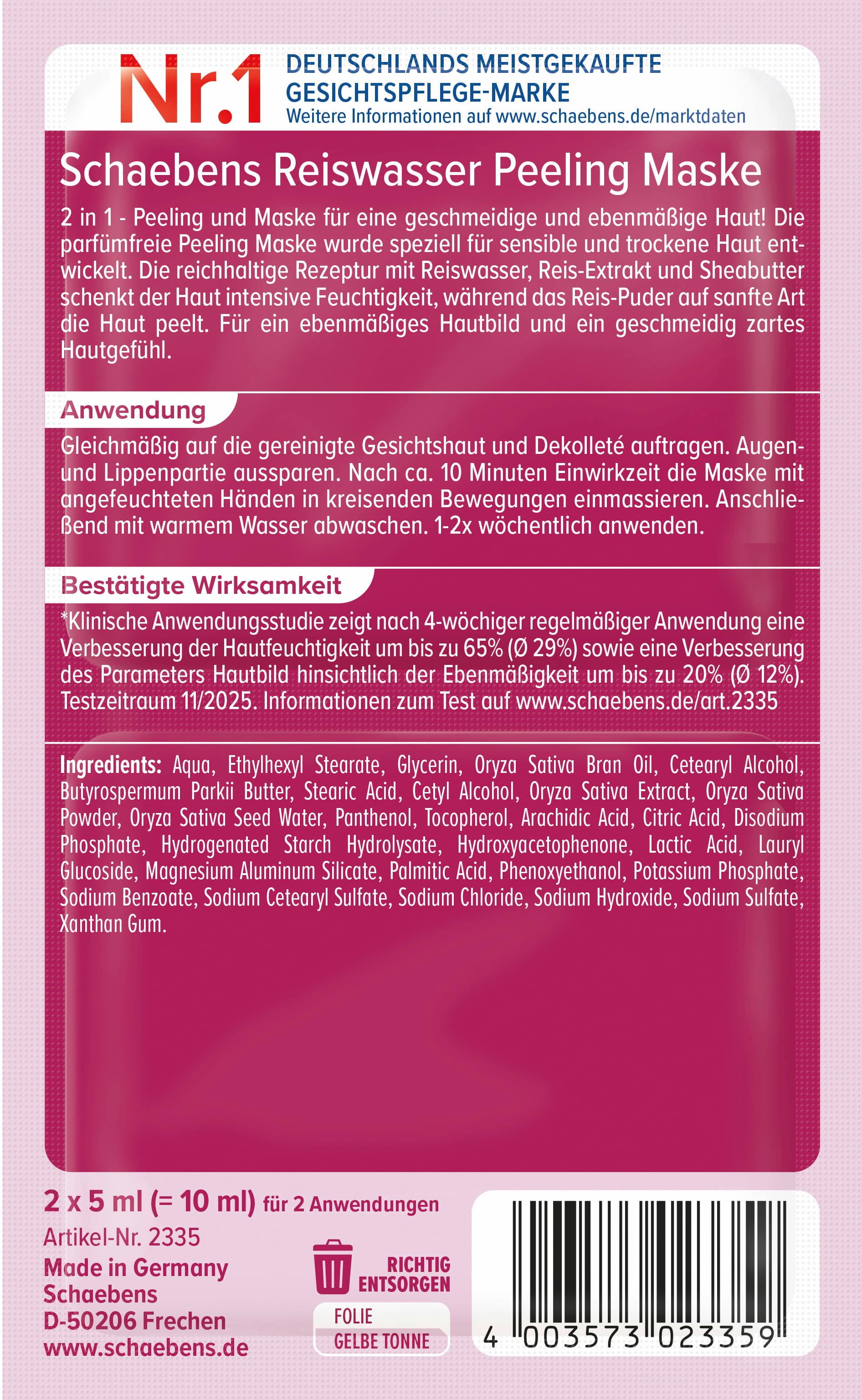 Schaebens Reiswasser Peeling Maske