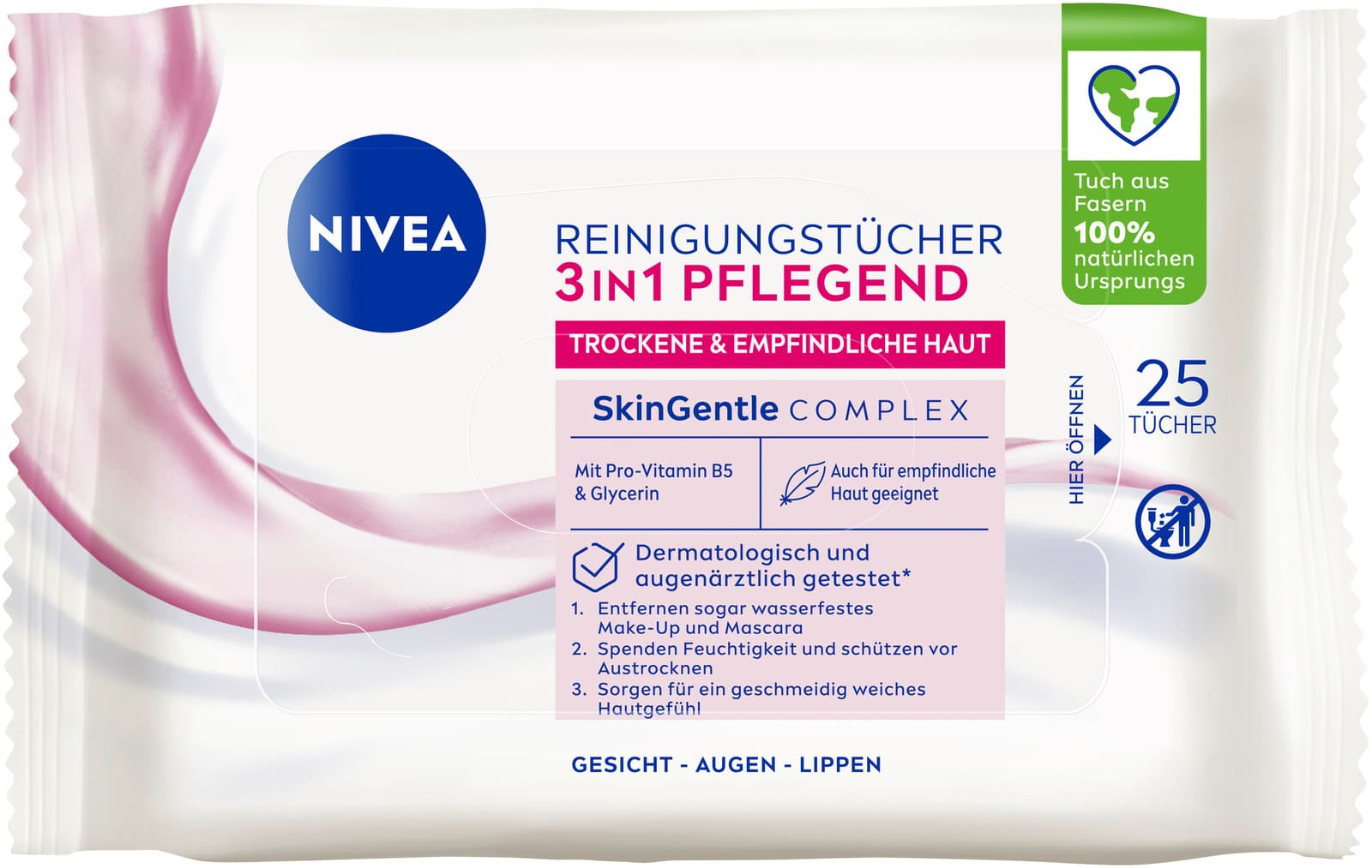 NIVEA 3in1 Pflegende Reinigungstücher Trockene Haut 25 Tücher