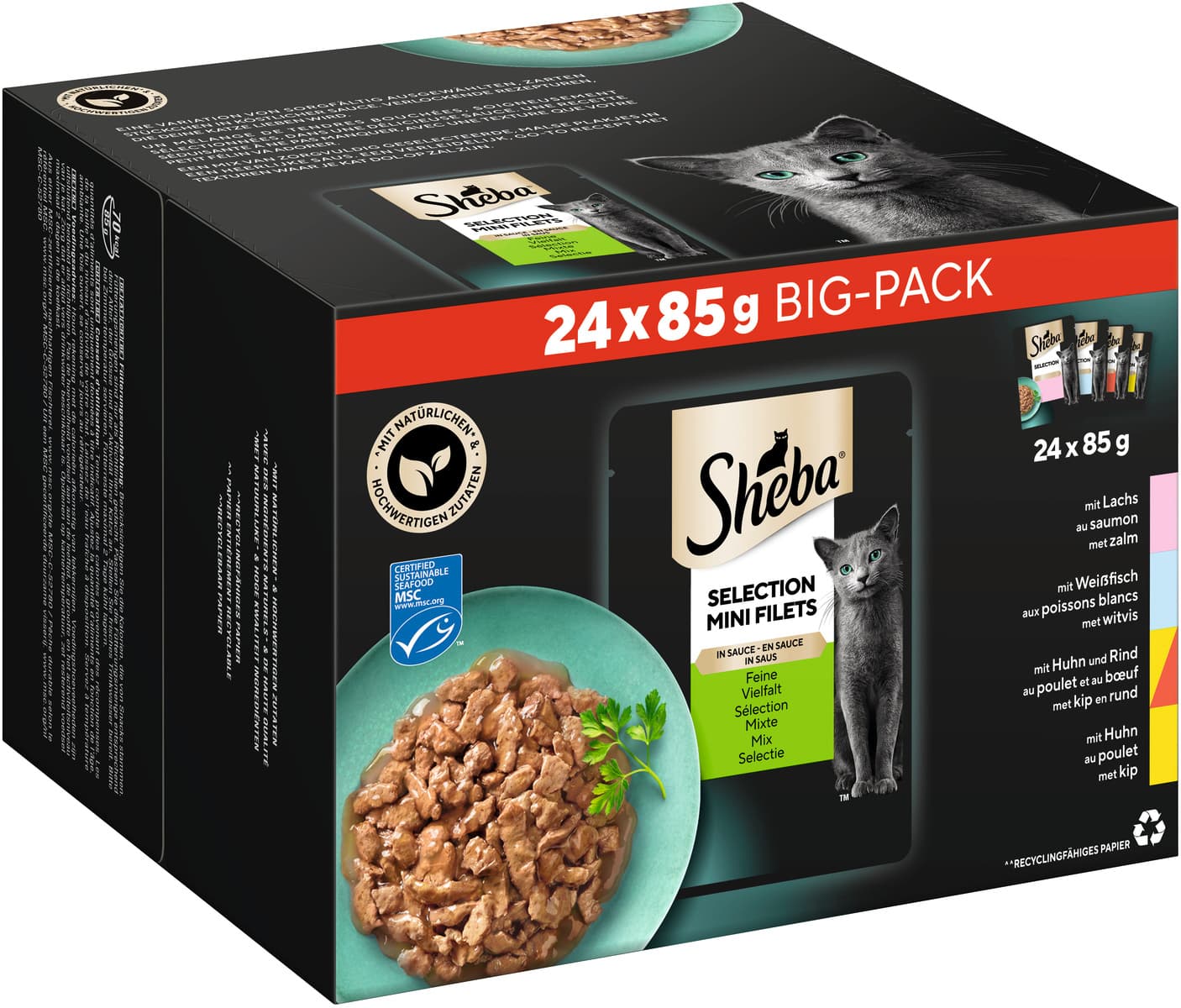 SHEBA® Selection Multipack Feine Vielfalt Lachs, Weißfisch, Huhn & Rind, Huhn in Sauce 