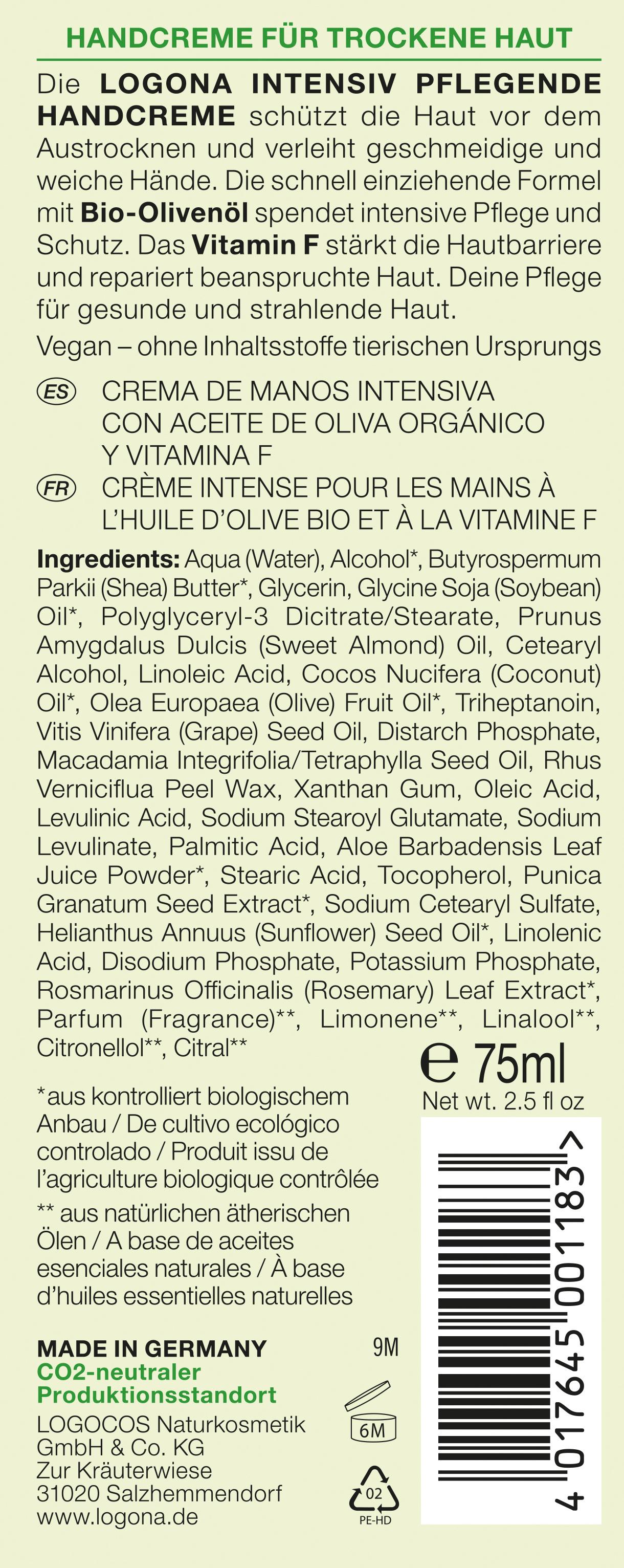 Produktbild LOGONA NOURISH Handcreme intensiv mit Bio-Olivenöl & Vitamin F und E 2 von 2