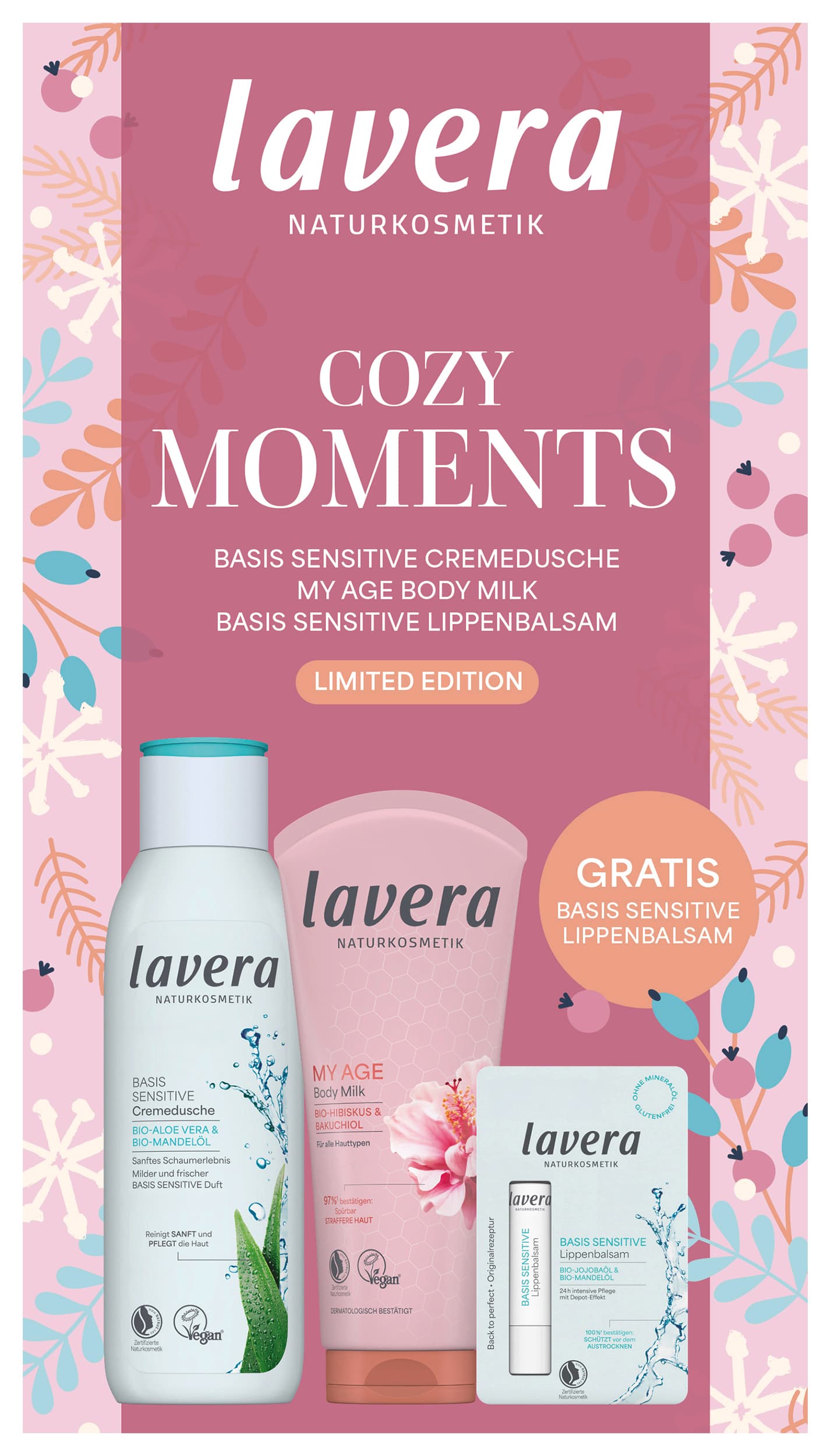 lavera Cozy Moments Cremedusche, Body Milk + Lippenbalsam Geschenkpackung