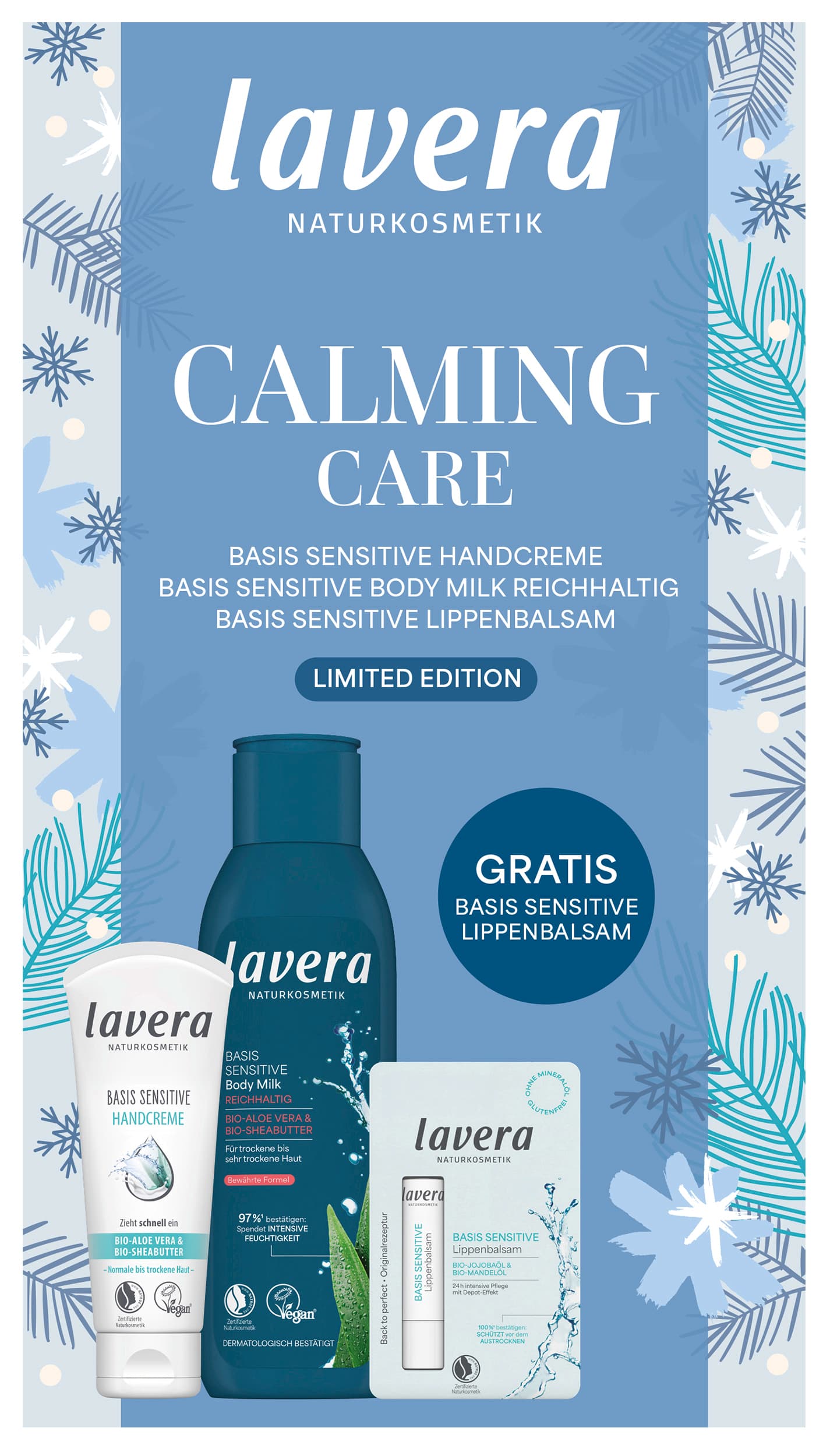 lavera Calming Care Handcreme, Body Milk + Lippenbalsam Geschenkpackung