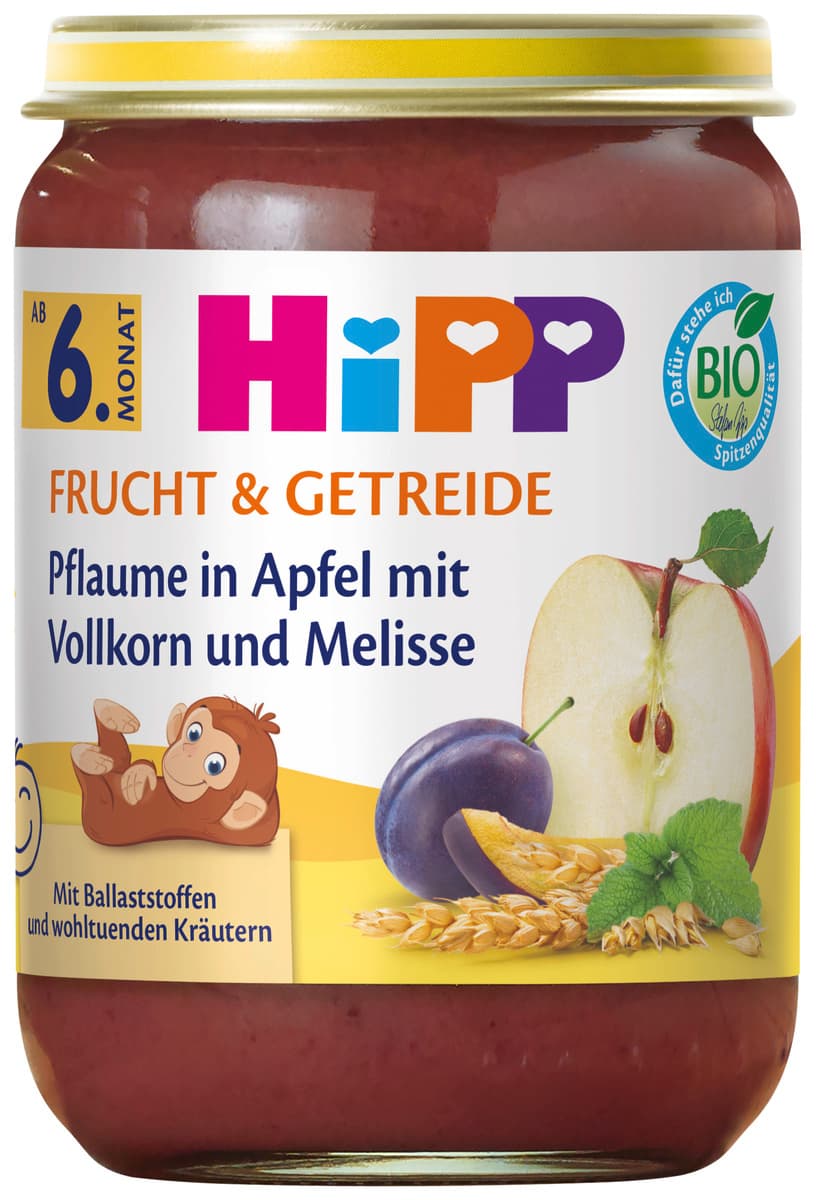 HiPP Bio Pflaume in Apfel mit Vollkorn und Melisse, Frucht und Getreide