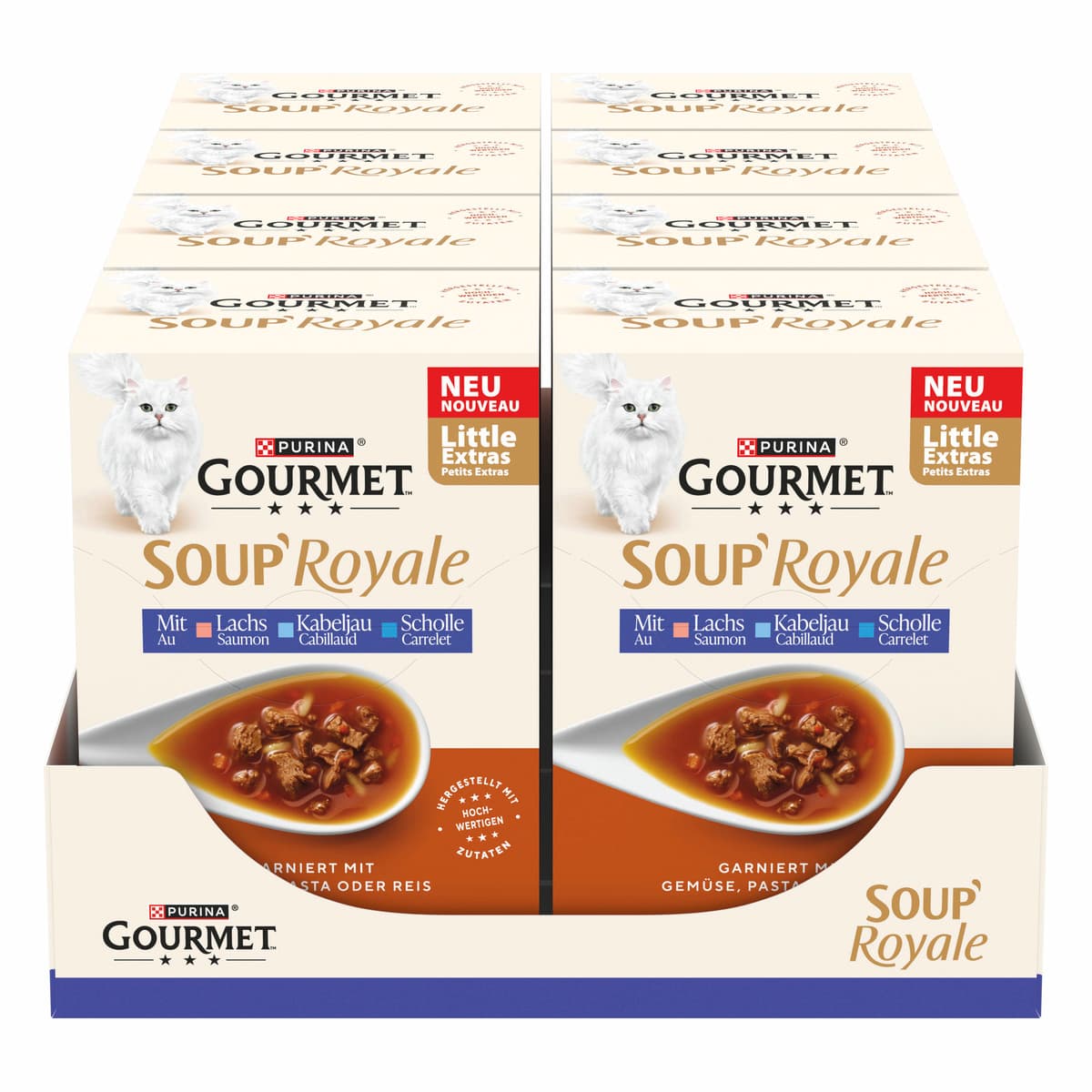 GOURMET Soup Royale mit Lachs, Scholle oder Kabeljau Katzensuppe 6x45g 