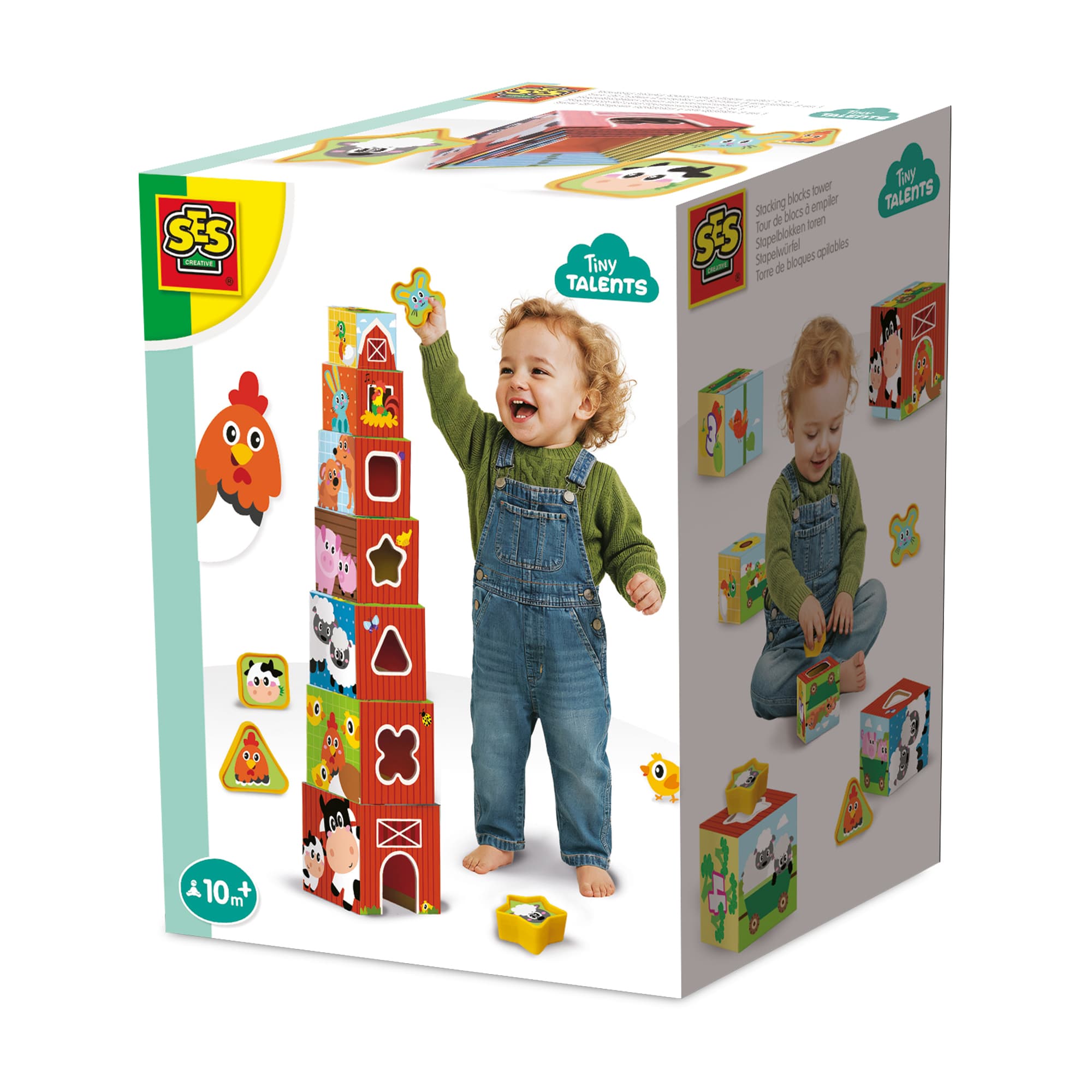 SES Creative - Stapelwürfel und Formensortierer 2 in 1 - Bauernhoftiere
