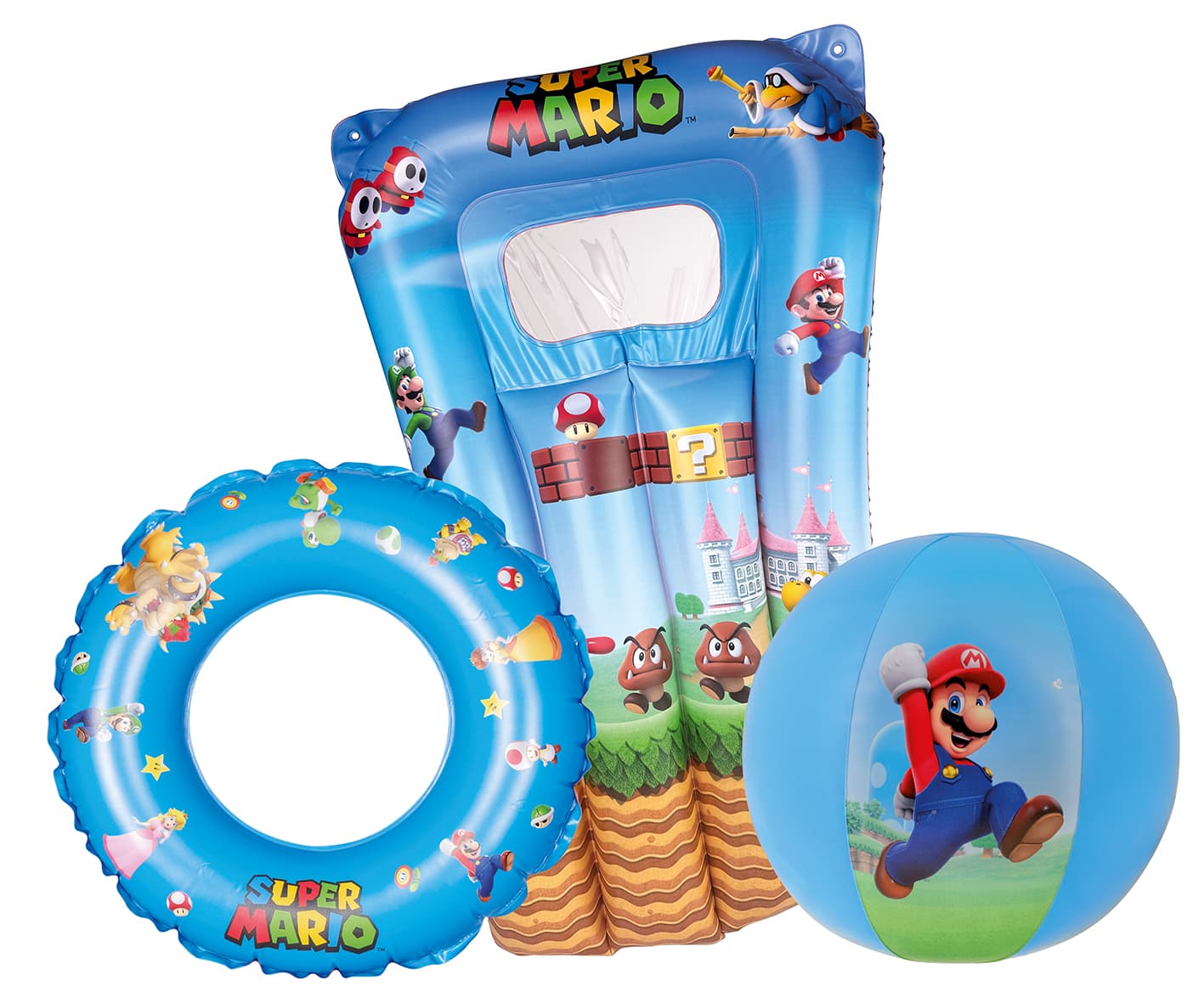 SUPER MARIO STRANDSET Strandball Ø 30cm, Schwimmring Ø 45cm, Luftmatratze 67x43cm 