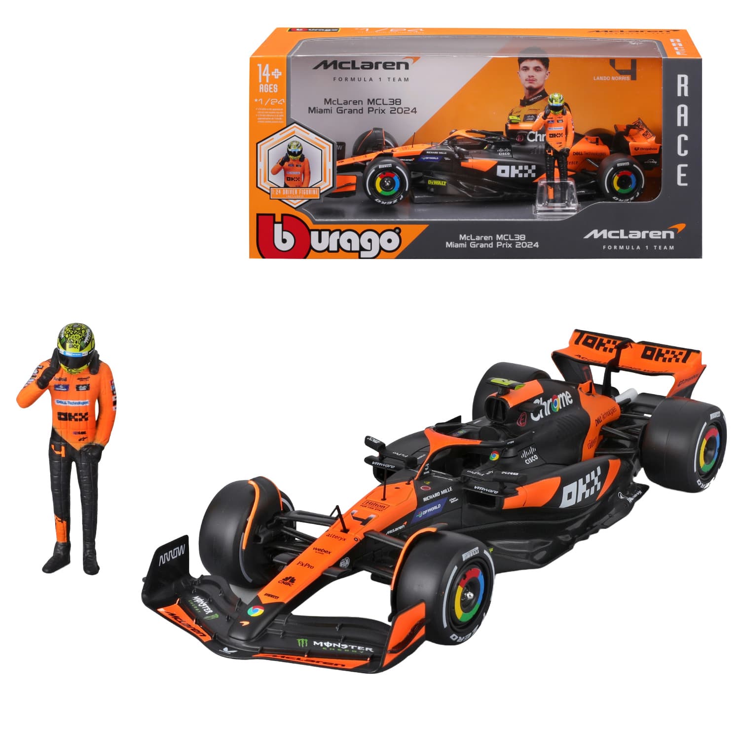 Bburago - 1:24 McLaren MCL38 (2024), mit Figur, Windowbox