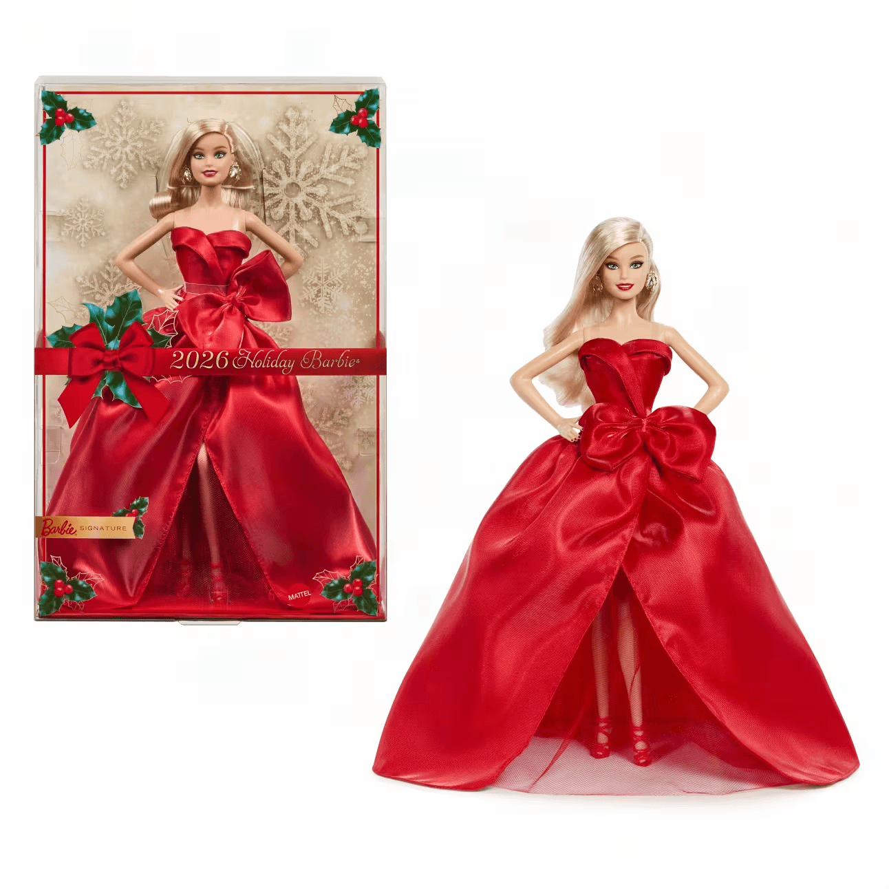Barbie Signature 2026 Holiday Barbie Sammlerpuppe mit rotem Festkleid, Zertifikat & Puppenständer