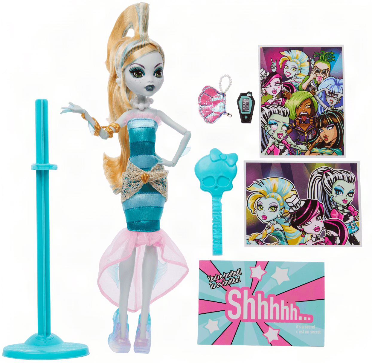 Monster High Dawn of the Dance Lagoona Blue Puppe mit Kleid, Zubehör und Puppenständer