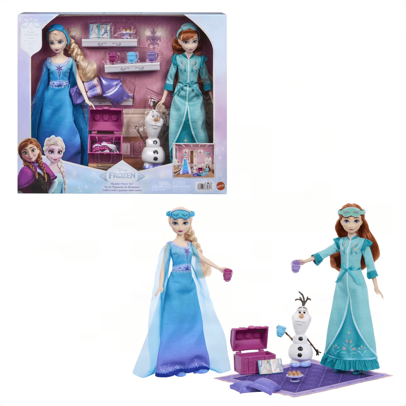 Disney Die Eiskönigin Schwestern-Pyjamaparty Set mit Anna- und Elsa-Modepuppen, Olaf-Figur und 14 Zubehörteilen