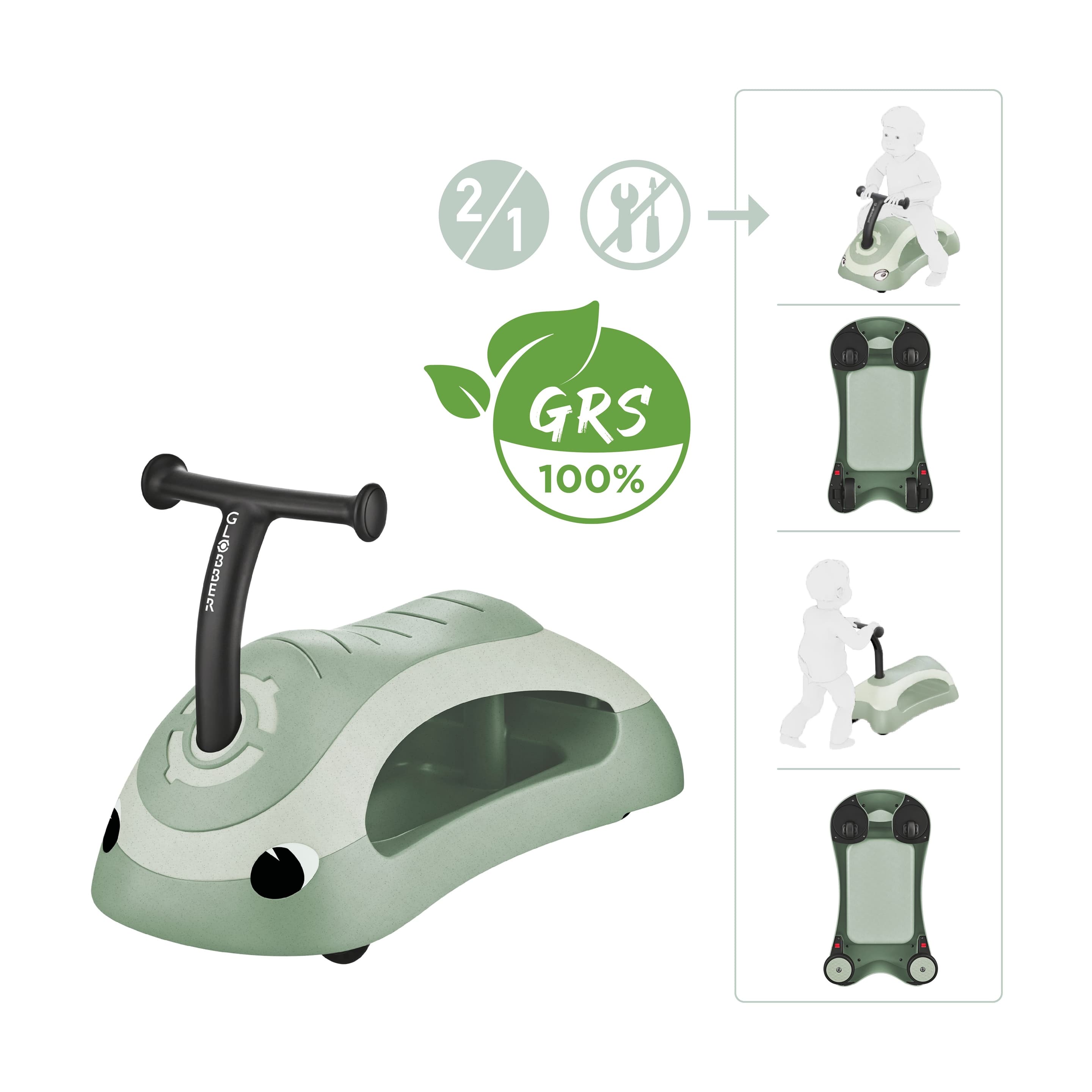 GLOBBER WALK N' ROLL 2in1 ECO – Lauflernwagen, Schiebeauto, Rutschauto, Farbe Pistazie