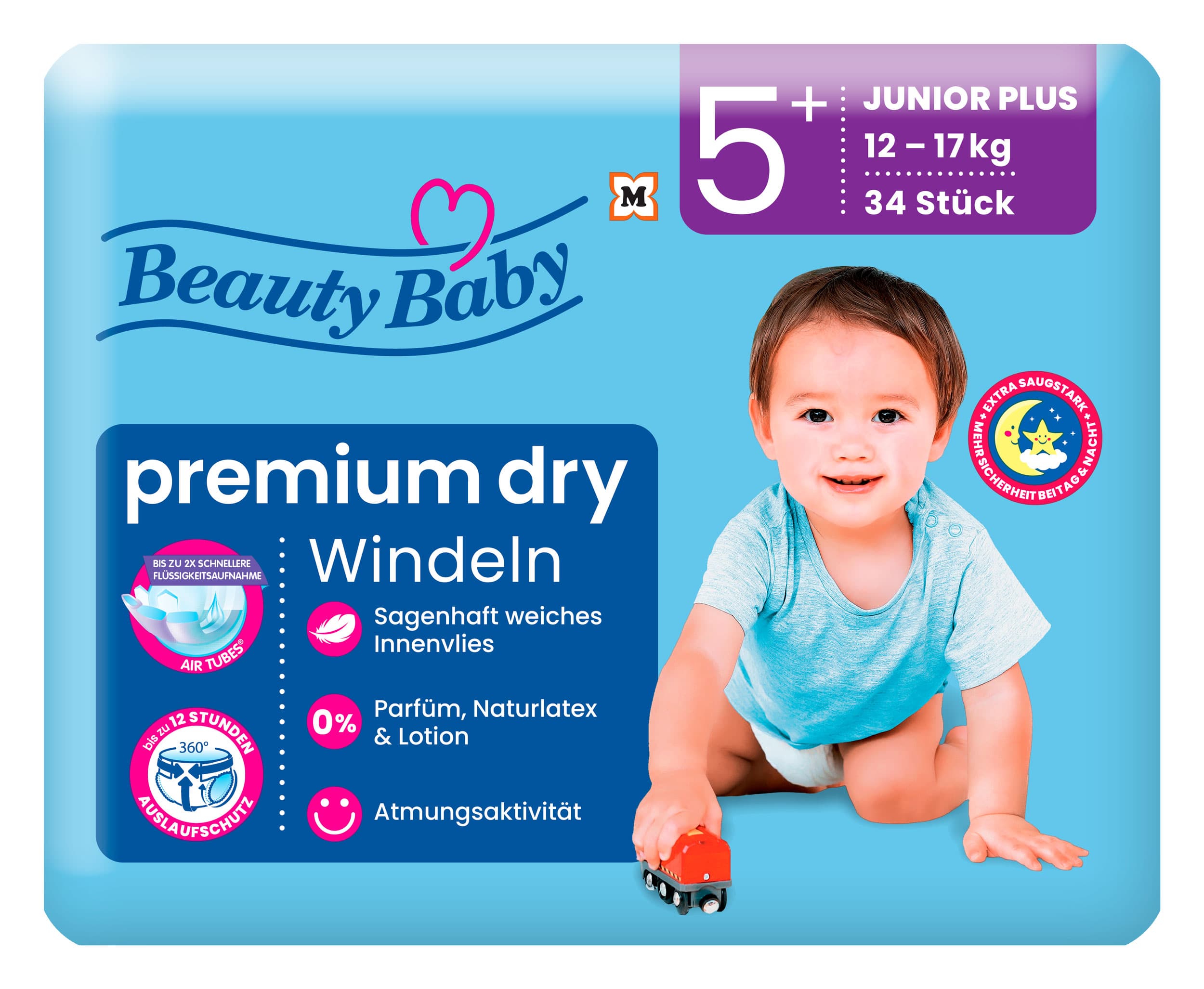 Beauty Baby Premium Dry Windeln, Größe 5+ Junior+, 12-17 kg
