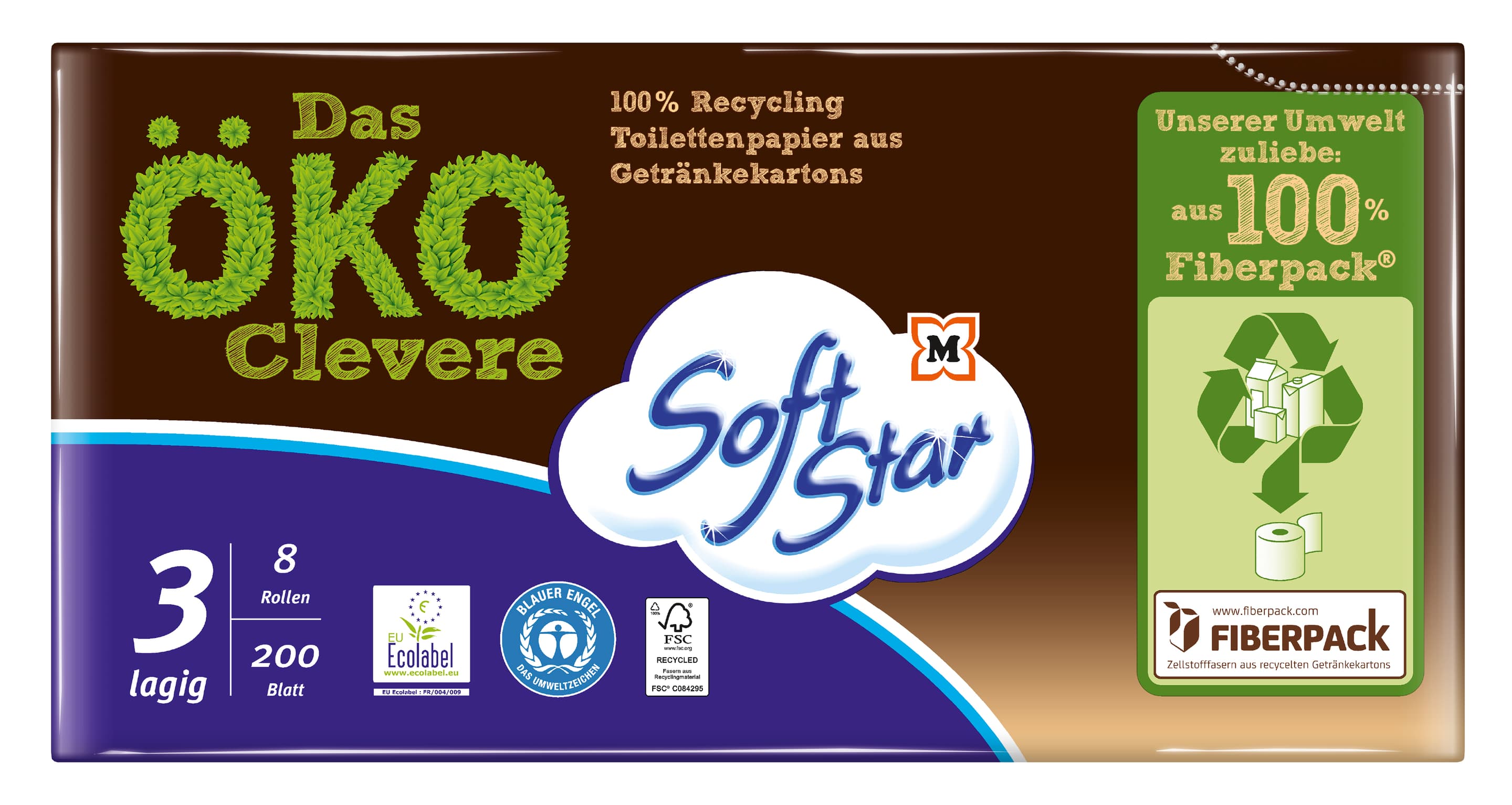 SoftStar Toilettenpapier Das Öko Clevere 3-lagig 8x200 Blatt