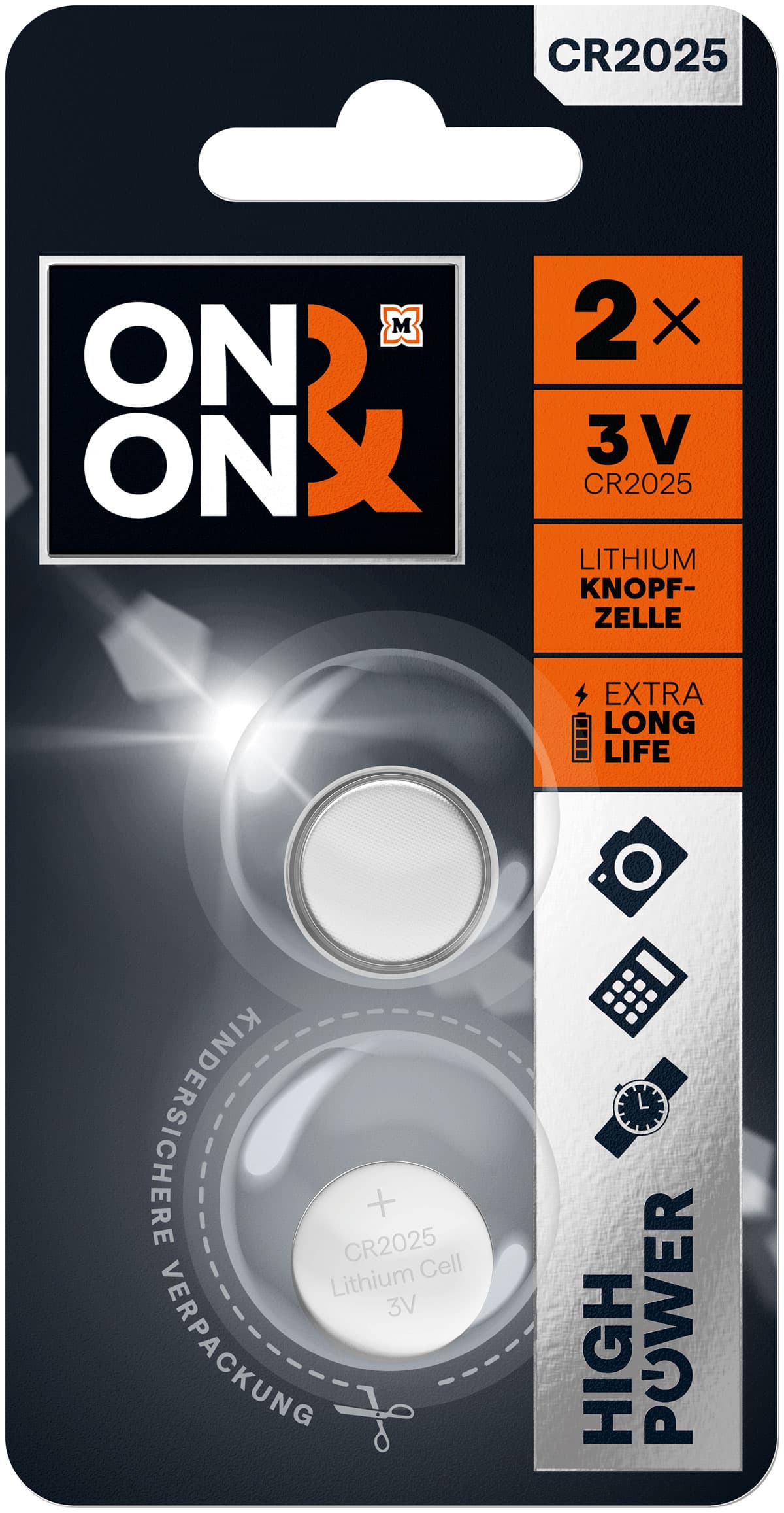 ON&ON Knopfzelle Lithium CR2025, 2 St