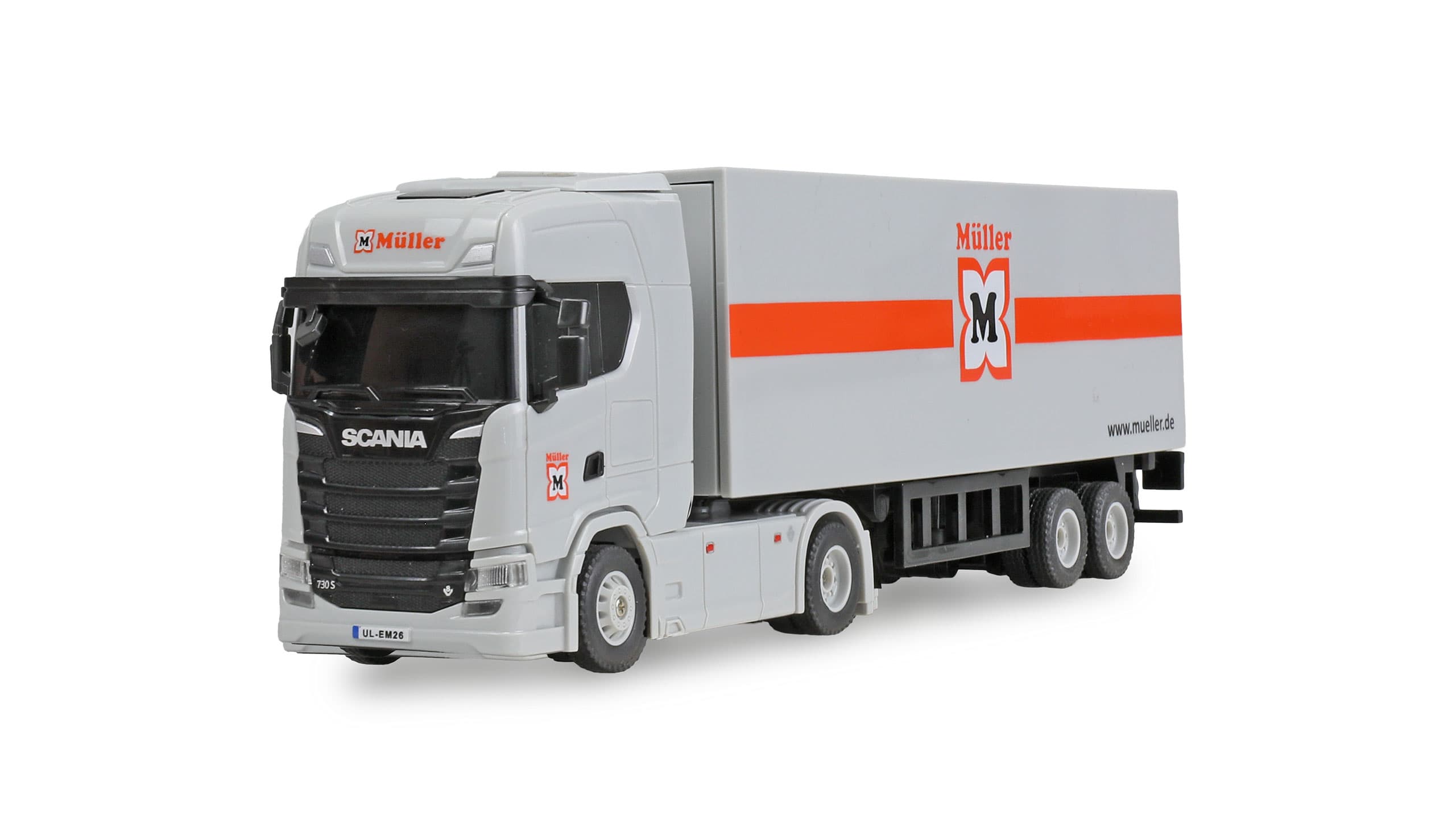 Amewi Mini-Scania 730 S mit Kofferauflieger im Maßstab 1:64 im Müller-Design 