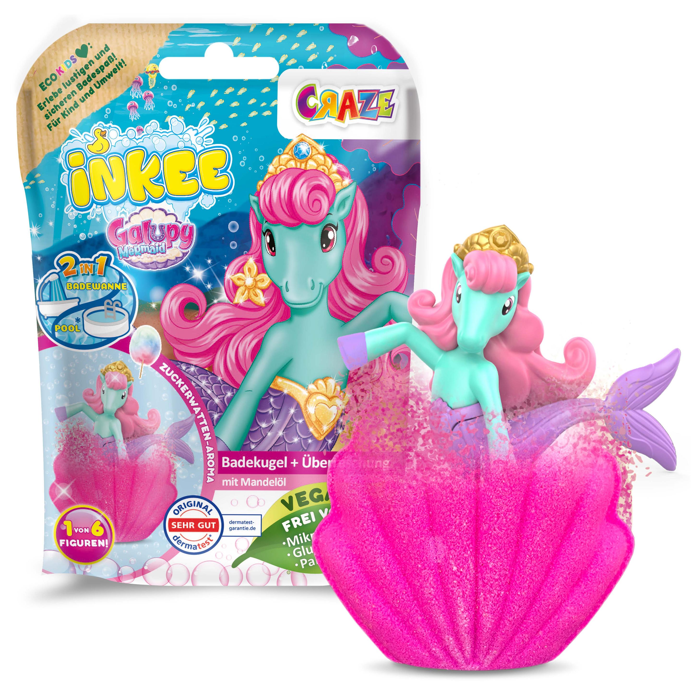 CRAZE - INKEE Galupy Mermaid Badekugel mit Zuckerwattenduft - mit Überraschung (1 von 6 Galupy Mermaid-Figuren)
