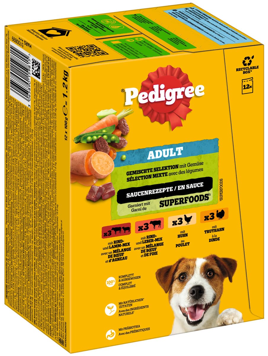 PEDIGREE® Multipack Gemischte Selektion mit Gemüse Rind- und Lammmischung, Rind- und Lebermischung, Huhn, Truthahn in Sauce