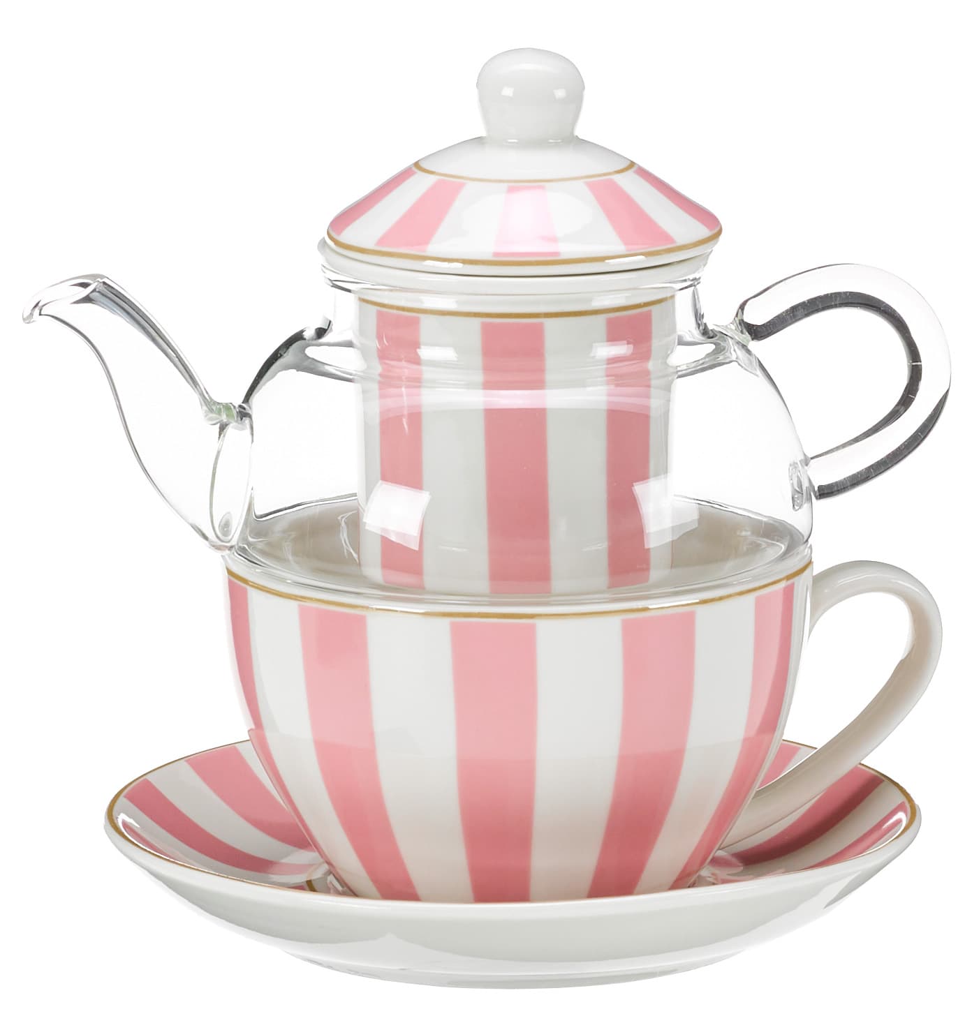 TRENDSHOP Tee-Set Tea for ona - rosa-weiß gestreift  5-TLG