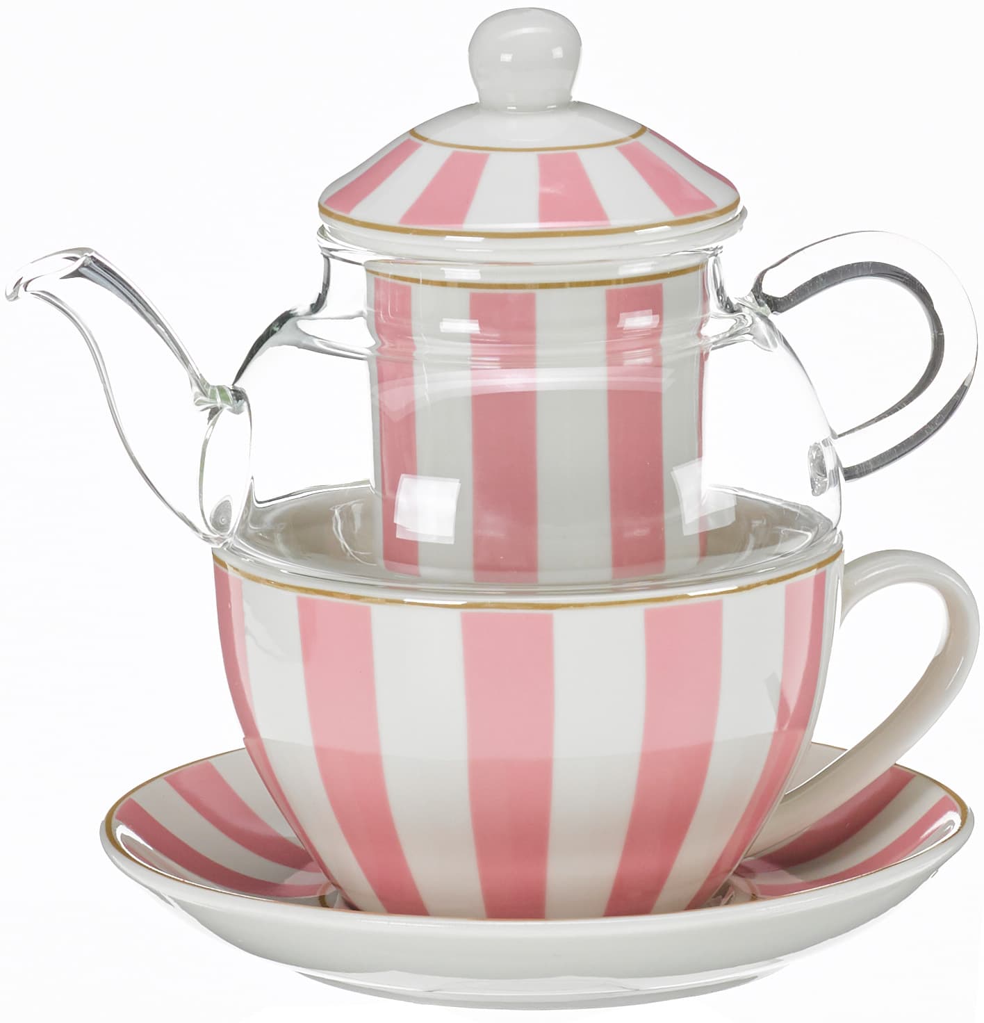 TRENDSHOP Tee-Set Tea for One rosa-weiß gestreift  5-tlg.