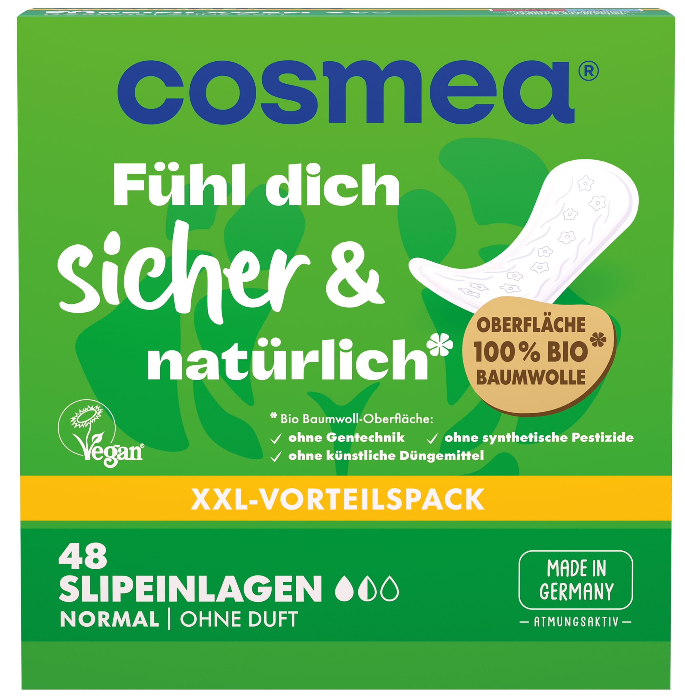 Organické hygienické vložky Cosmea®, vegánske, bežné, bez vône, balenie 48 kusov, XXL výhodné balenie