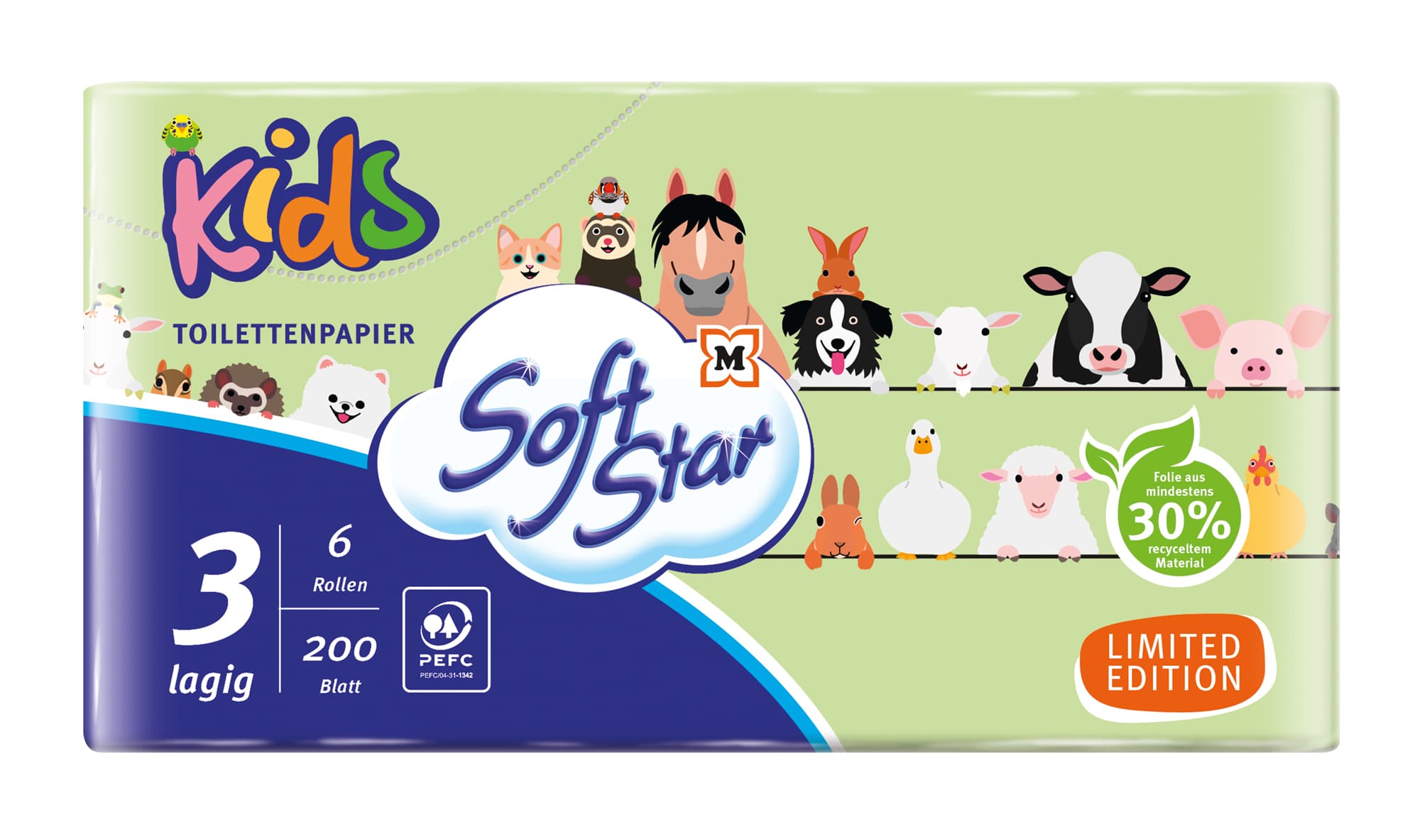 SoftStar Toilettenpapier Kids 3-lagig 6x200 Stück  
