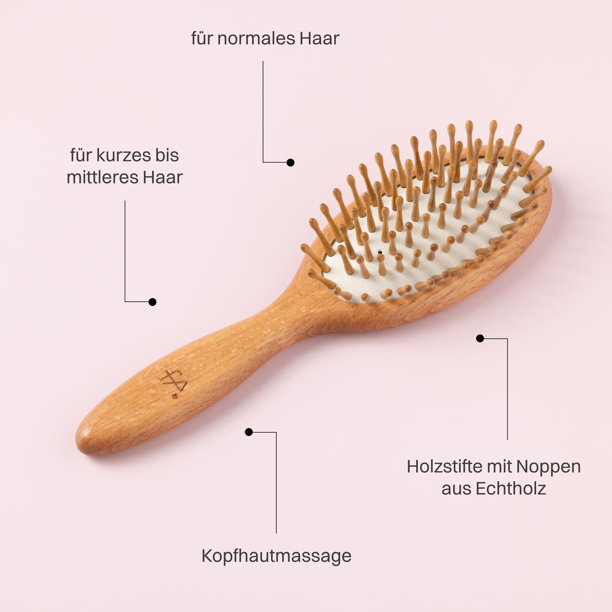 Cepillo neumático FALLER, madera de haya vaporizada, forma ovalada pequeña, púas de madera con puntas redondeadas, con