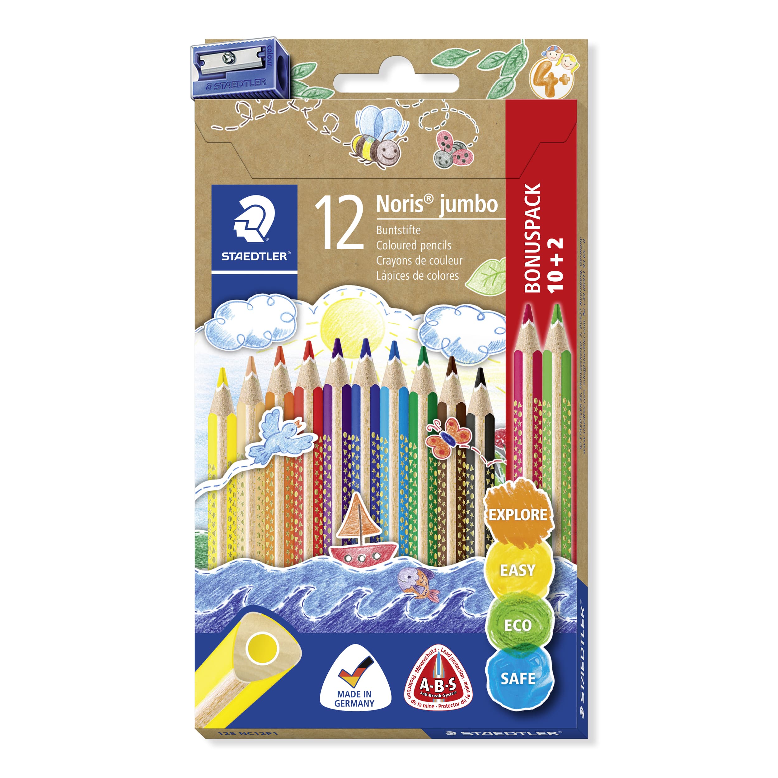 STAEDTLER Noris jumbo Buntstifte 10+2 Promotion, dreieckig, Kartonetui mit 12 Farben + Spitzer