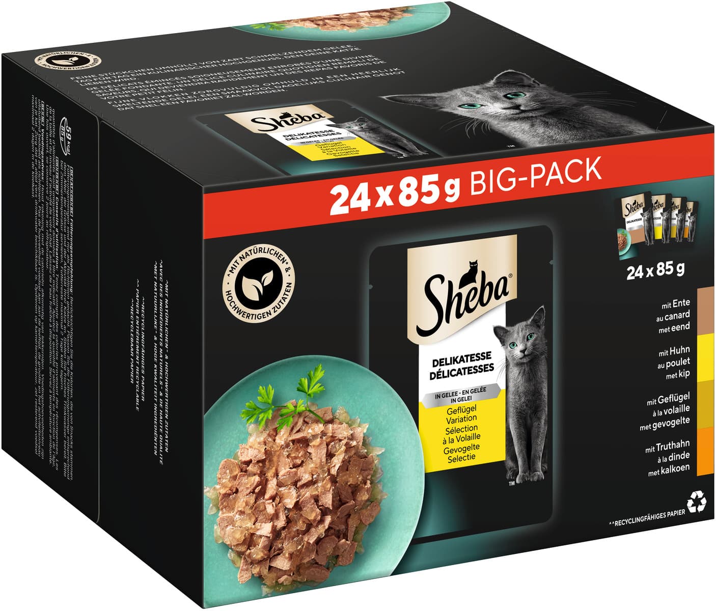 SHEBA® Delikatesse Multipack Geflügel Variation 4 Varietäten Ente, Huhn, Geflügel, Truthahn in Gelee