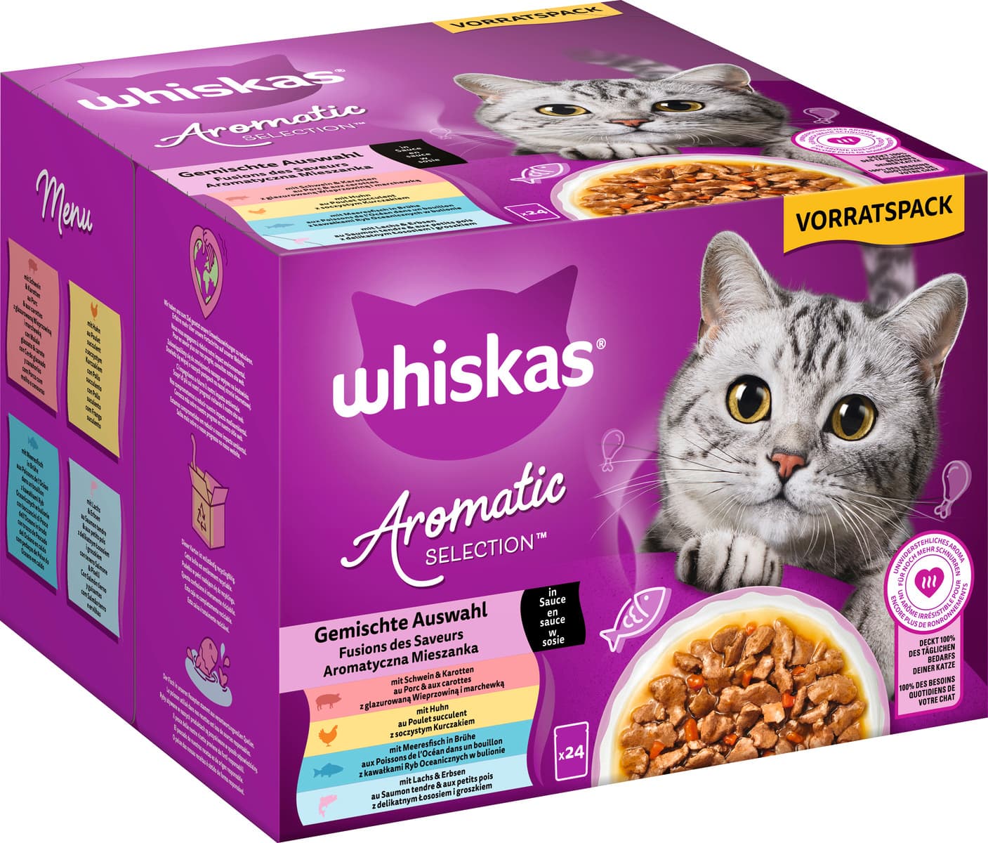 Whiskas Aromatic Selection Multipack Gemischte Auswahl 4 Varietäten Schwein, Huhn, Meeresfisch, Lachs in Sauce