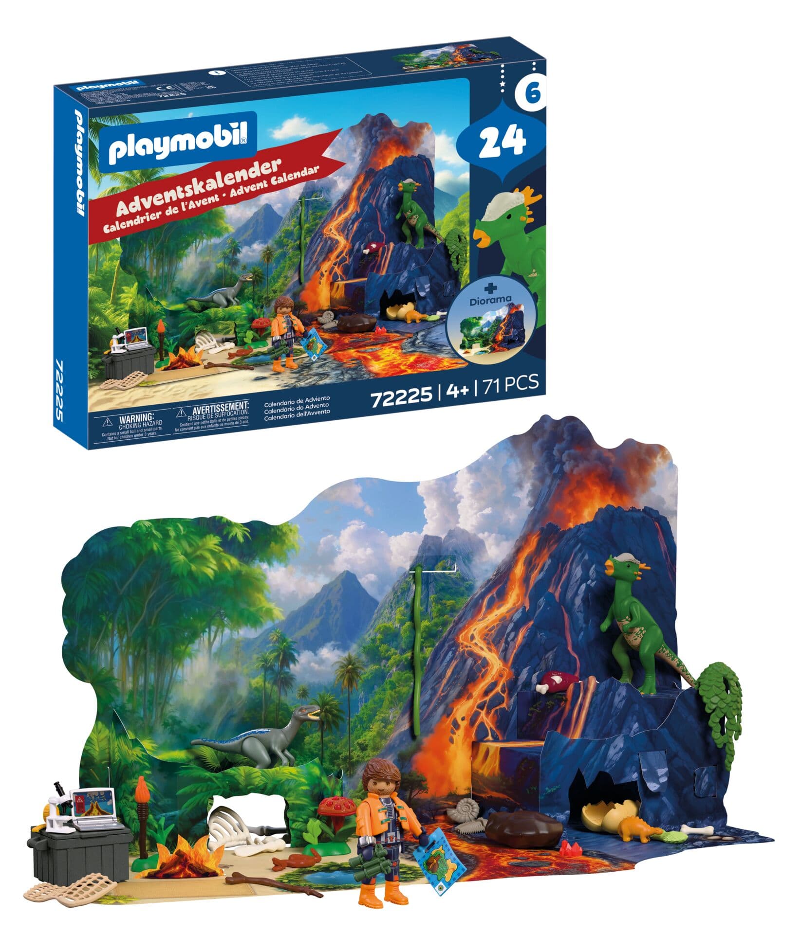 PLAYMOBIL 72225 Dinos Adventskalender Dino-Expedition mit Forscher, Velociraptor, Stygimoloch und 24 Überraschungen