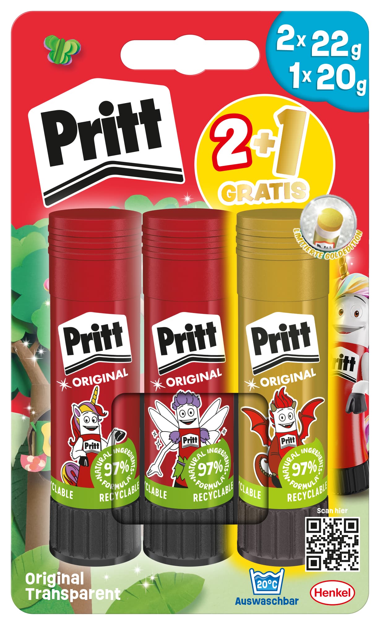 Pritt BTS Klebestifte 2+1 Gratis 2x22g + 1x20g Fun Color Grün