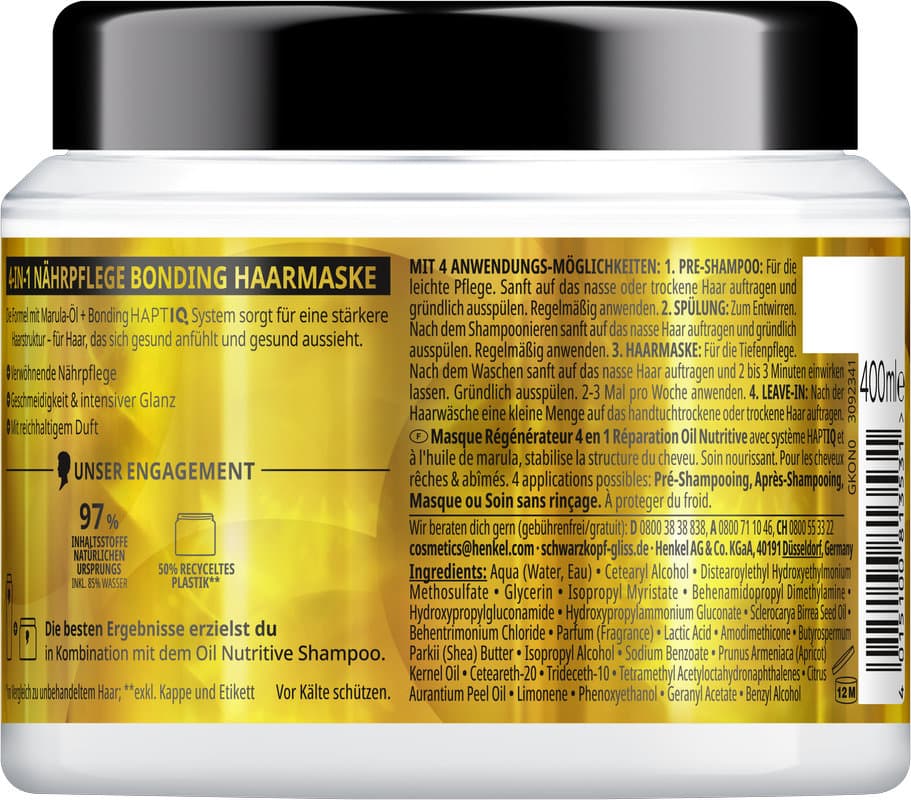 Mascarilla capilar GLISS Oil Nutritive 4 en 1 con tecnología Bonding