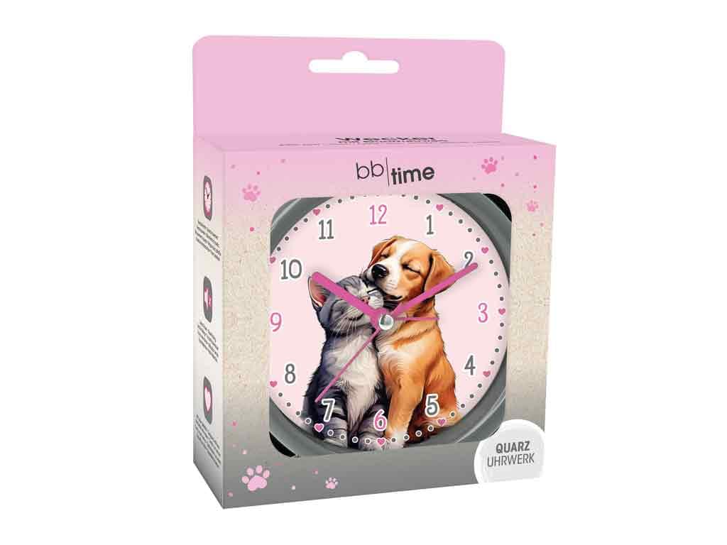Wecker mit Quarzuhrwerk Katze und Hund grau