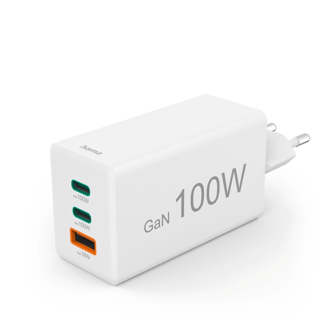 HAMA Schnellladegerät, GaN, 2x USB-C, 1x USB-A, Mini-Ladegerät, PD, 100 W, Weiß