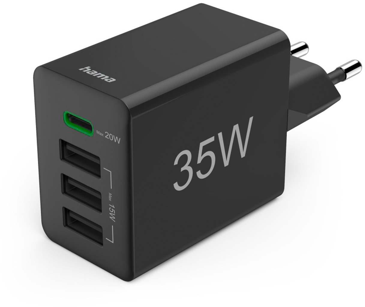 HAMA Schnellladegerät, 1x USB-C PD, 3x USB-A, Mini-Ladegerät, 35W, Schwarz