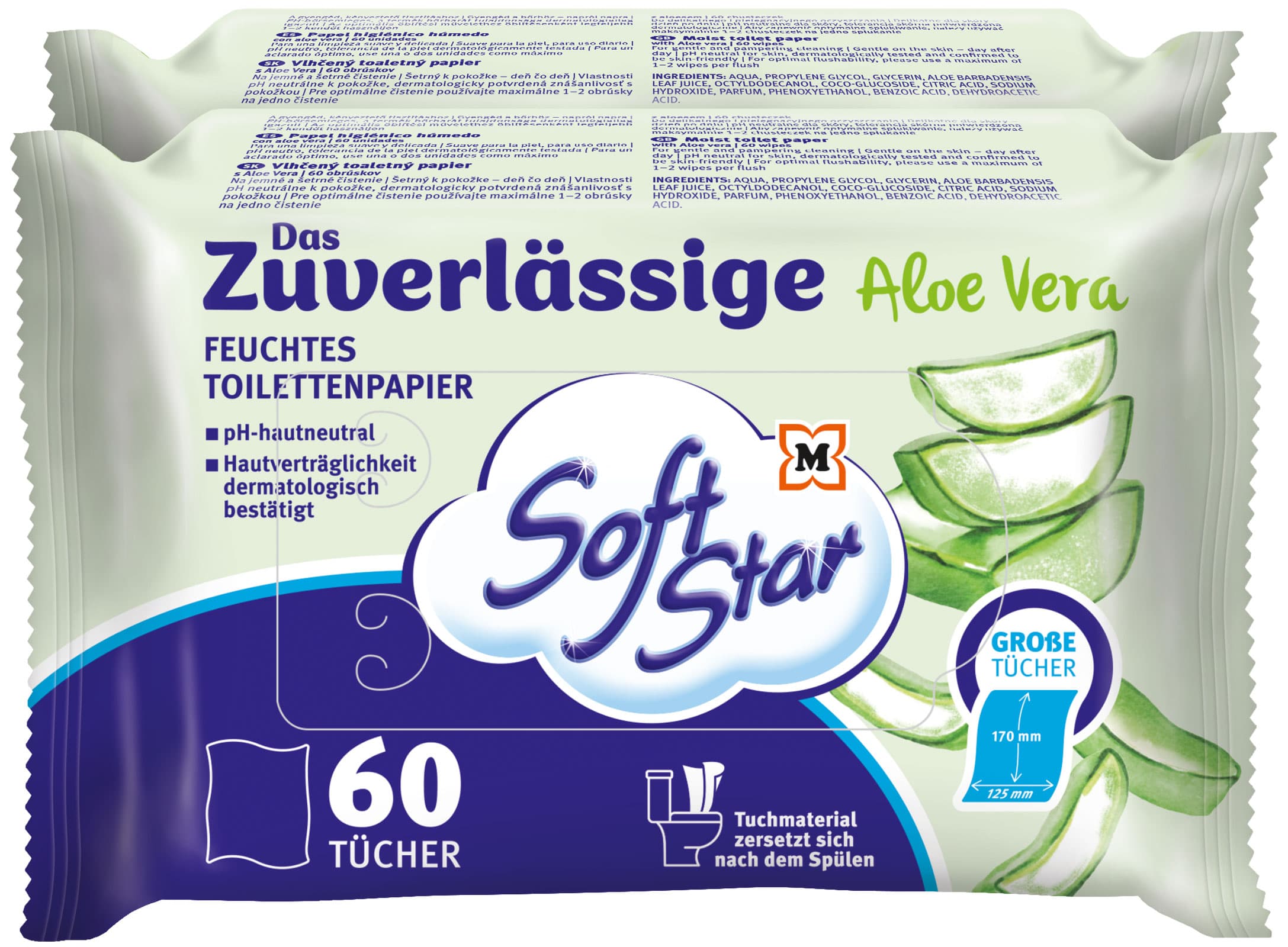 SoftStar Feuchtes Toilettenpapier Das Zuverlässige Aloe Vera 2x60 Stück