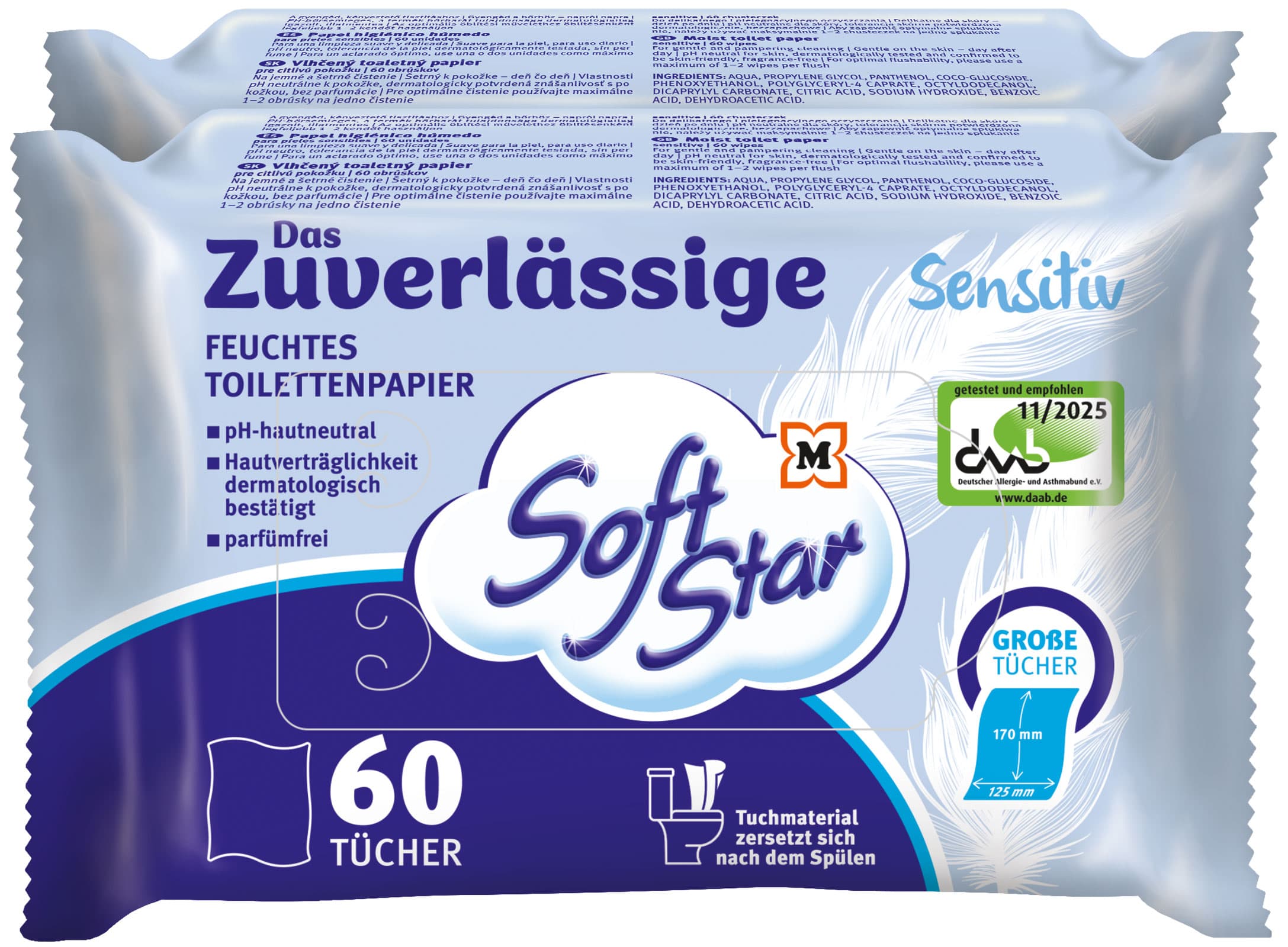 SoftStar Feuchtes Toilettenpapier Das Zuverlässige Sensitiv 2x60 Stück