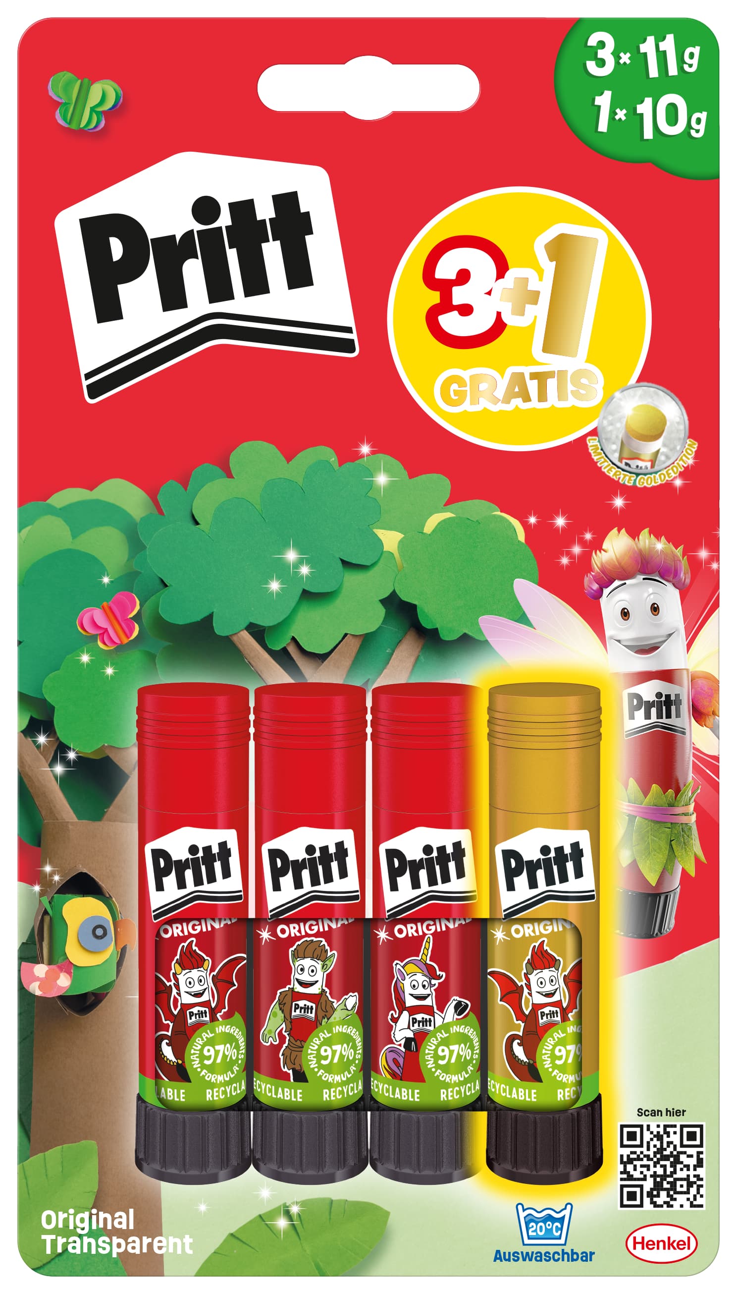 Pritt BTS Klebestifte 3+1 Gratis 3x11g + 1x10g Fun Color Orange