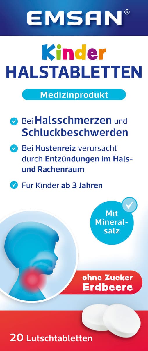 Emsan Kinderhalstabletten ohne Zucker Erdbeere 