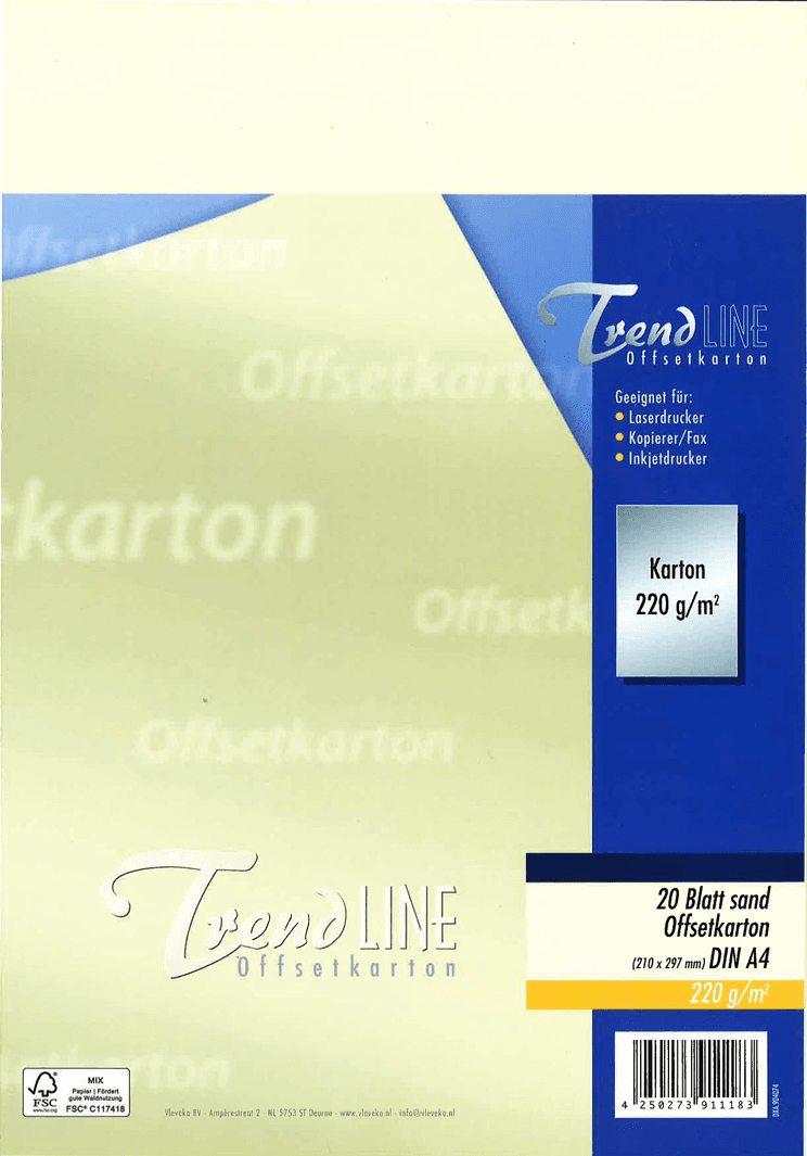 TrendLINE Offsetkarton A4 220g  sand 20 Blatt