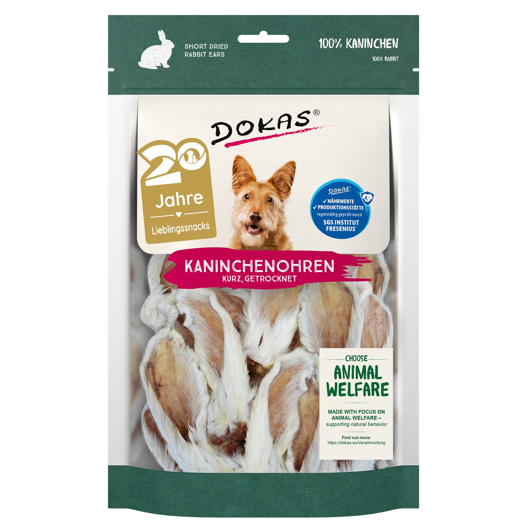 Dokas Hundesnack Kaninchenohren mit Fell getrocknet