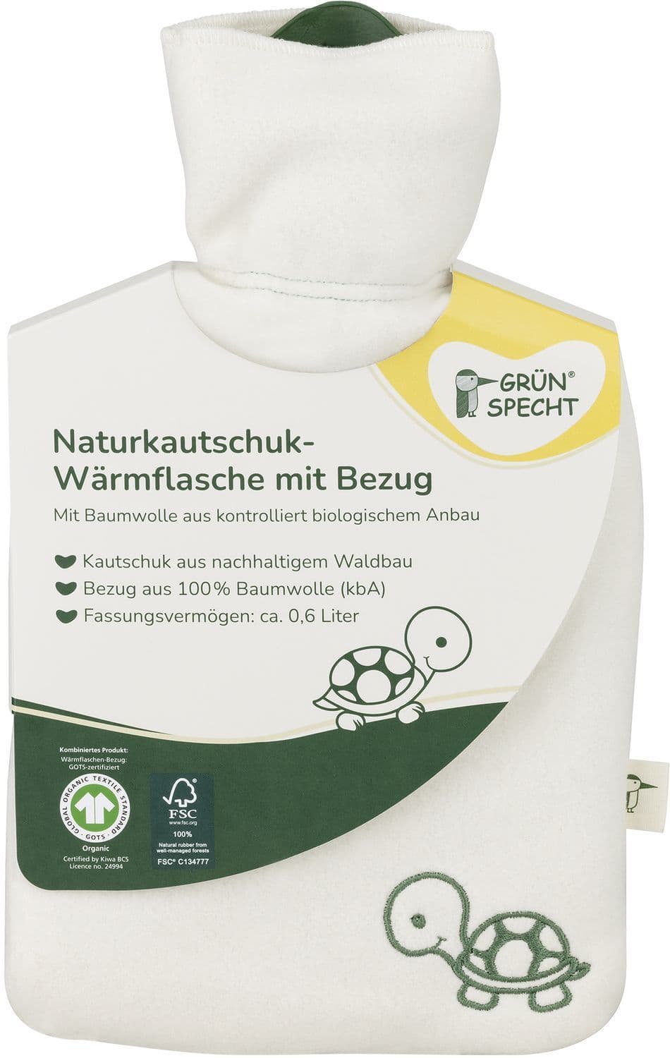 Grünspecht Naturkautschuk-Wärmflasche 0,6l mit Bio-Bezug