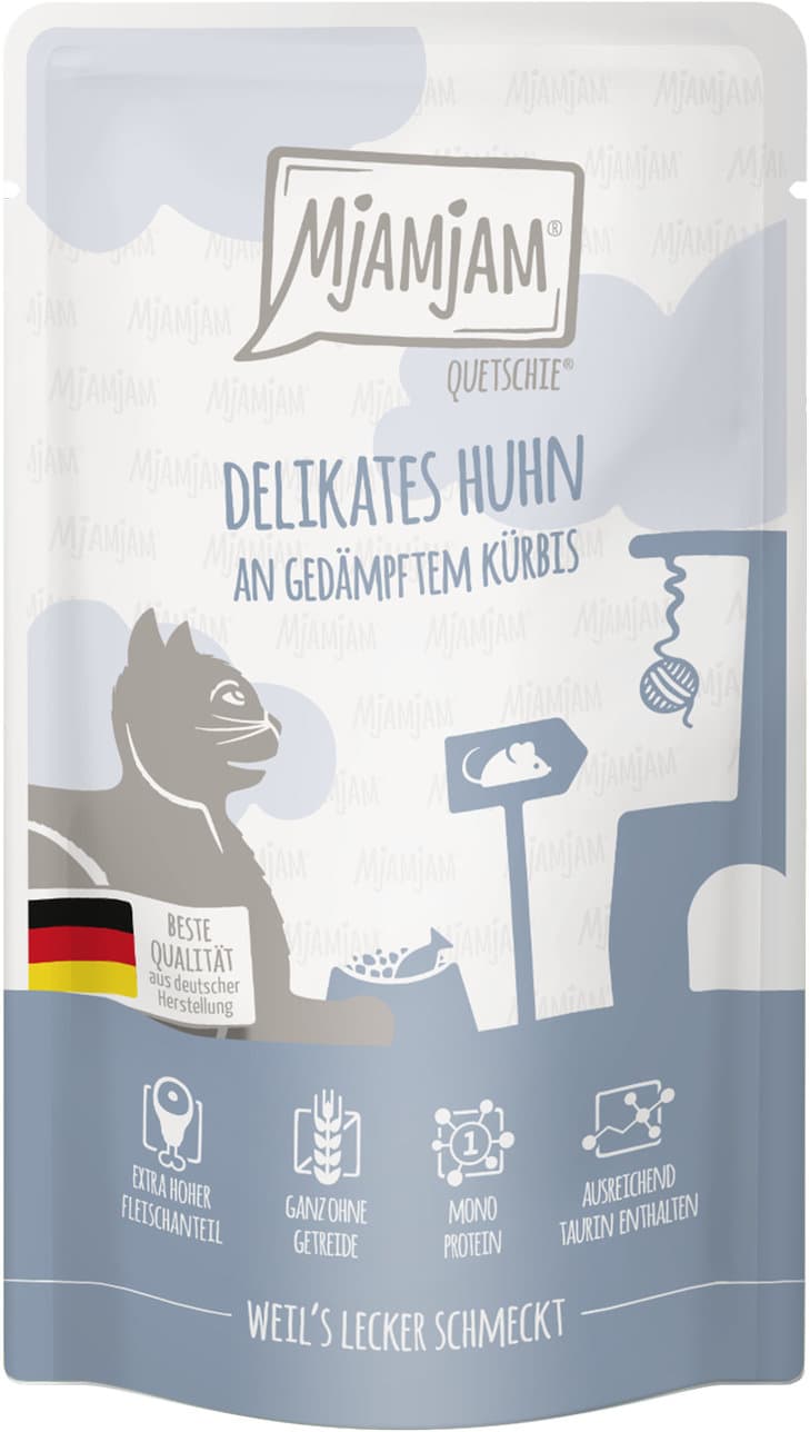 Comida húmeda para gatos MjAMjAM en bolsita exprimible, sabor a pollo delicado con calabaza al vapor.