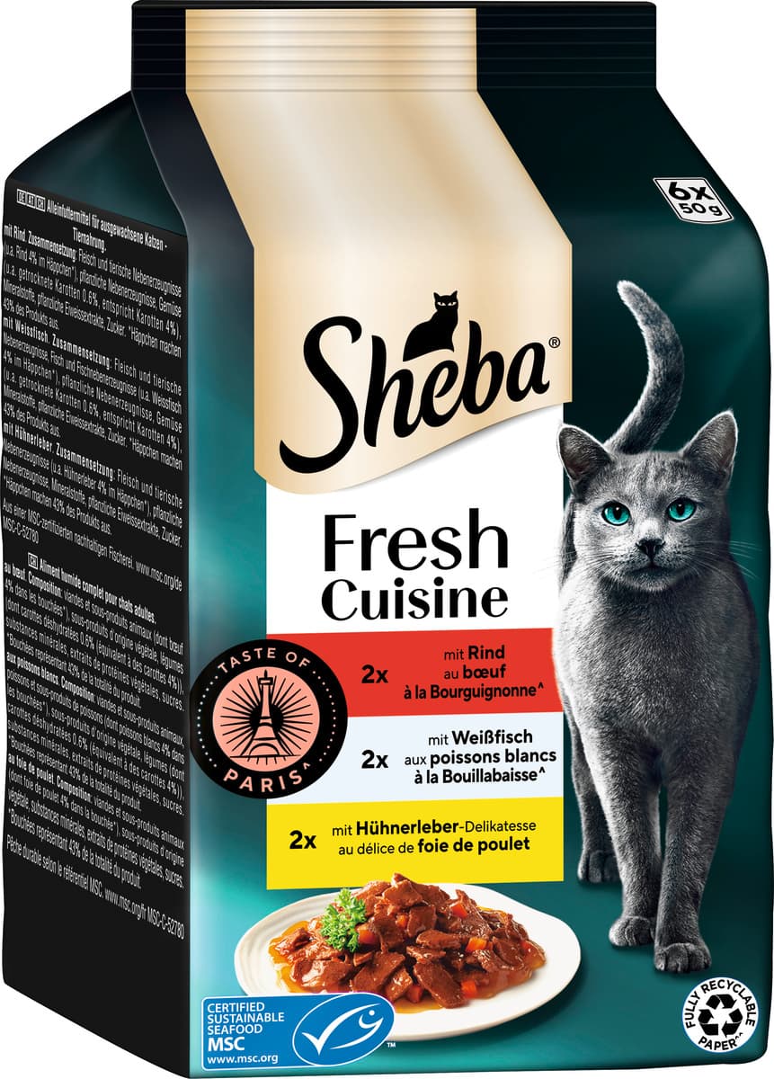 SHEBA® Fresh Cuisine Taste of Paris Multipack Rind, Weißfisch MSC & Hühnerleber 