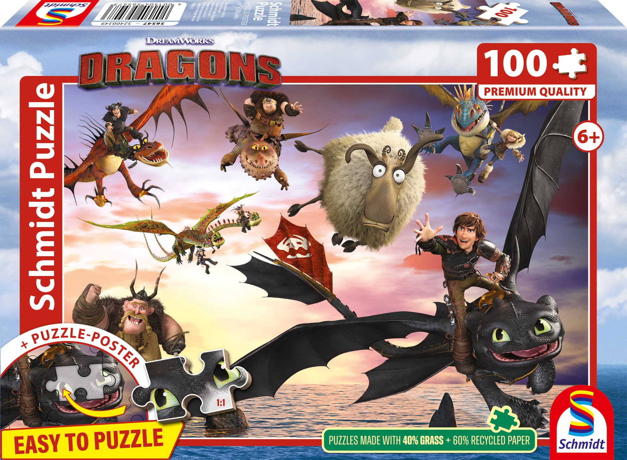 Schmidt Spiele - DRAGONS: Drachenreiter in Aktion, 100 Teile, Eco-Friendly, Gras Kinderpuzzle