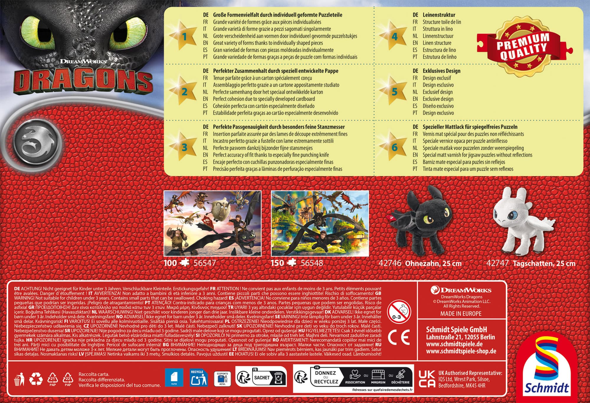 Schmidt Juegos - DRAGONS: Dragones voladores, 150 piezas, ecológico, Puzzles infantiles de hierba
