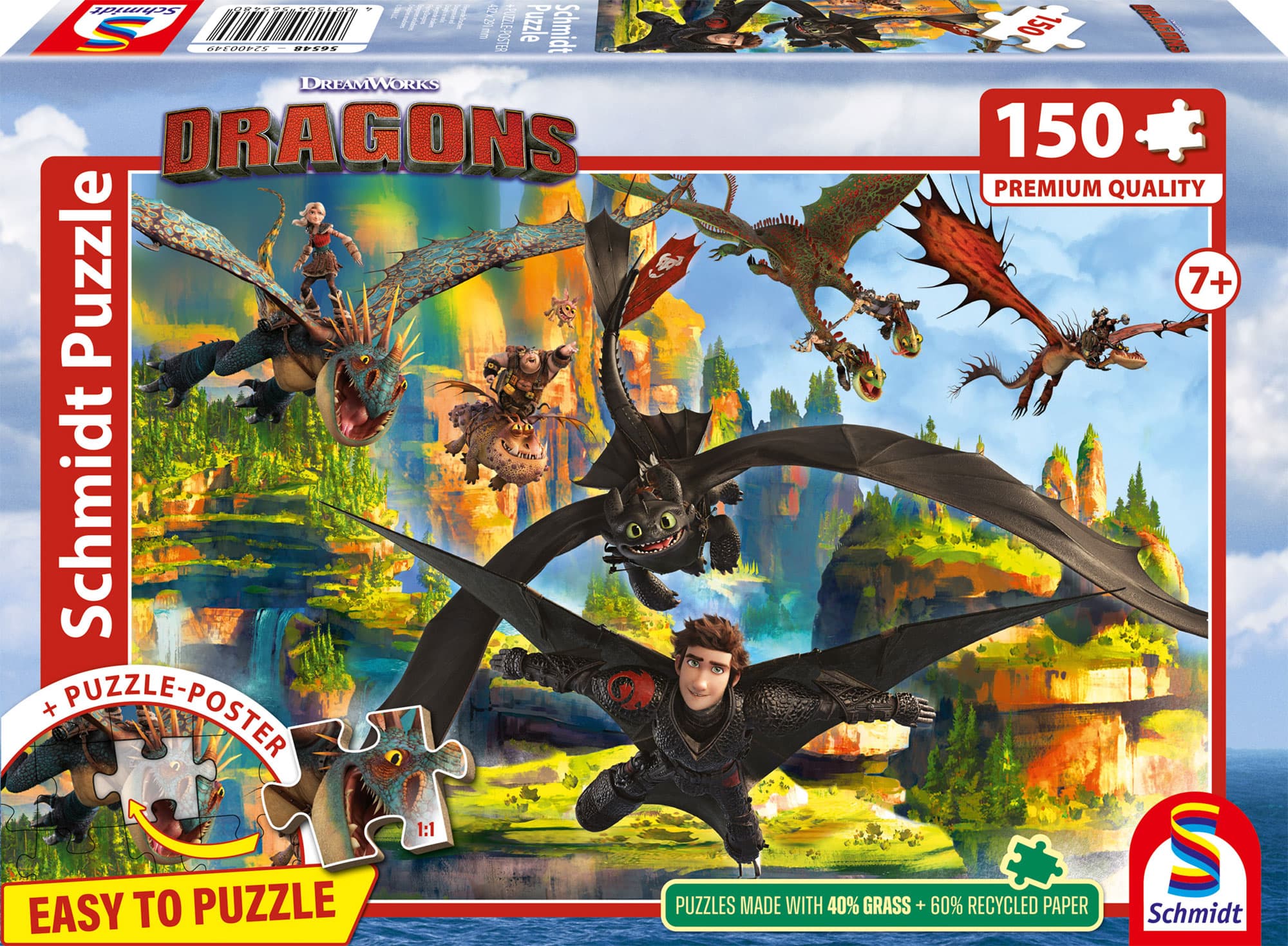 Schmidt Spiele - DRAGONS: Fliegende Drachen, 150 Teile, Eco-Friendly, Gras Kinderpuzzle